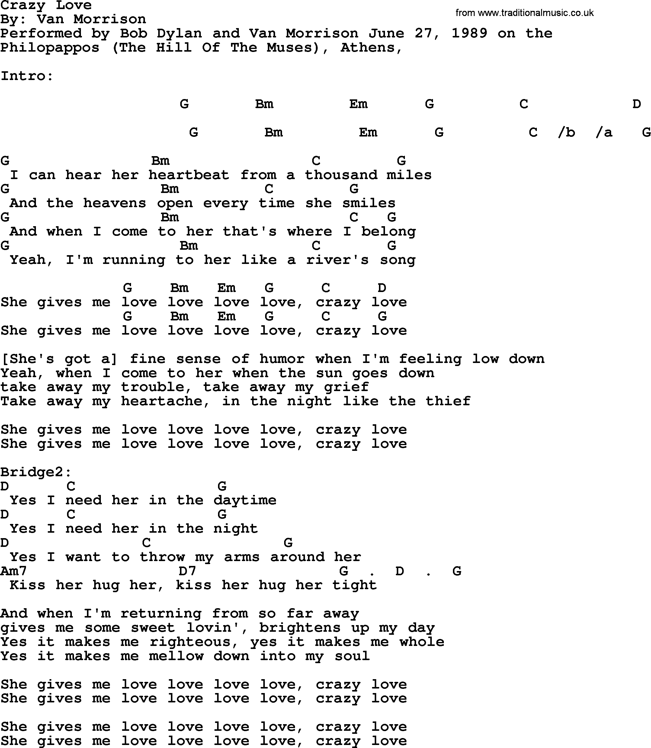 Bob Dylan song, lyrics with chords - Crazy Love