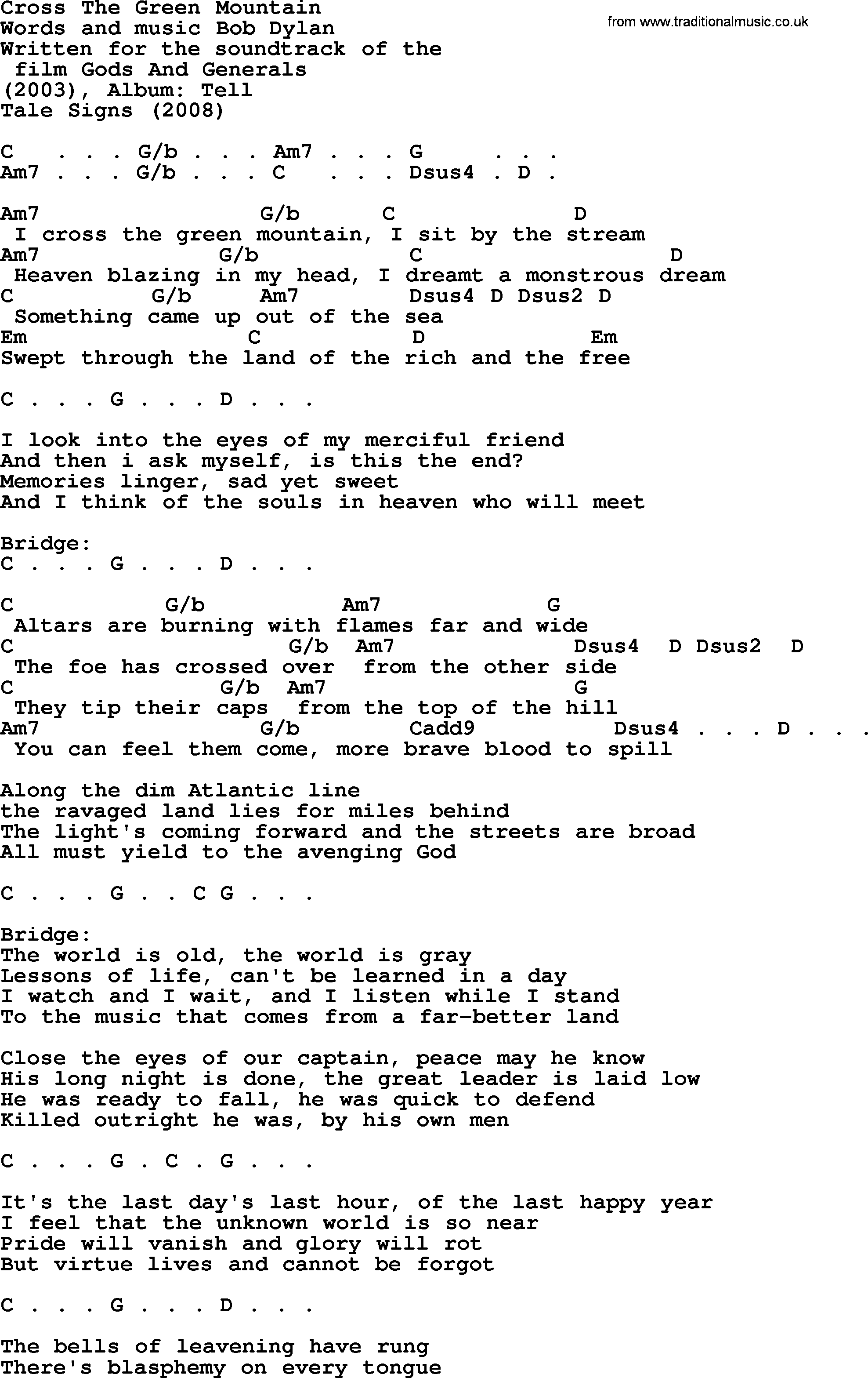 Bob Dylan song, lyrics with chords - Cross The Green Mountain