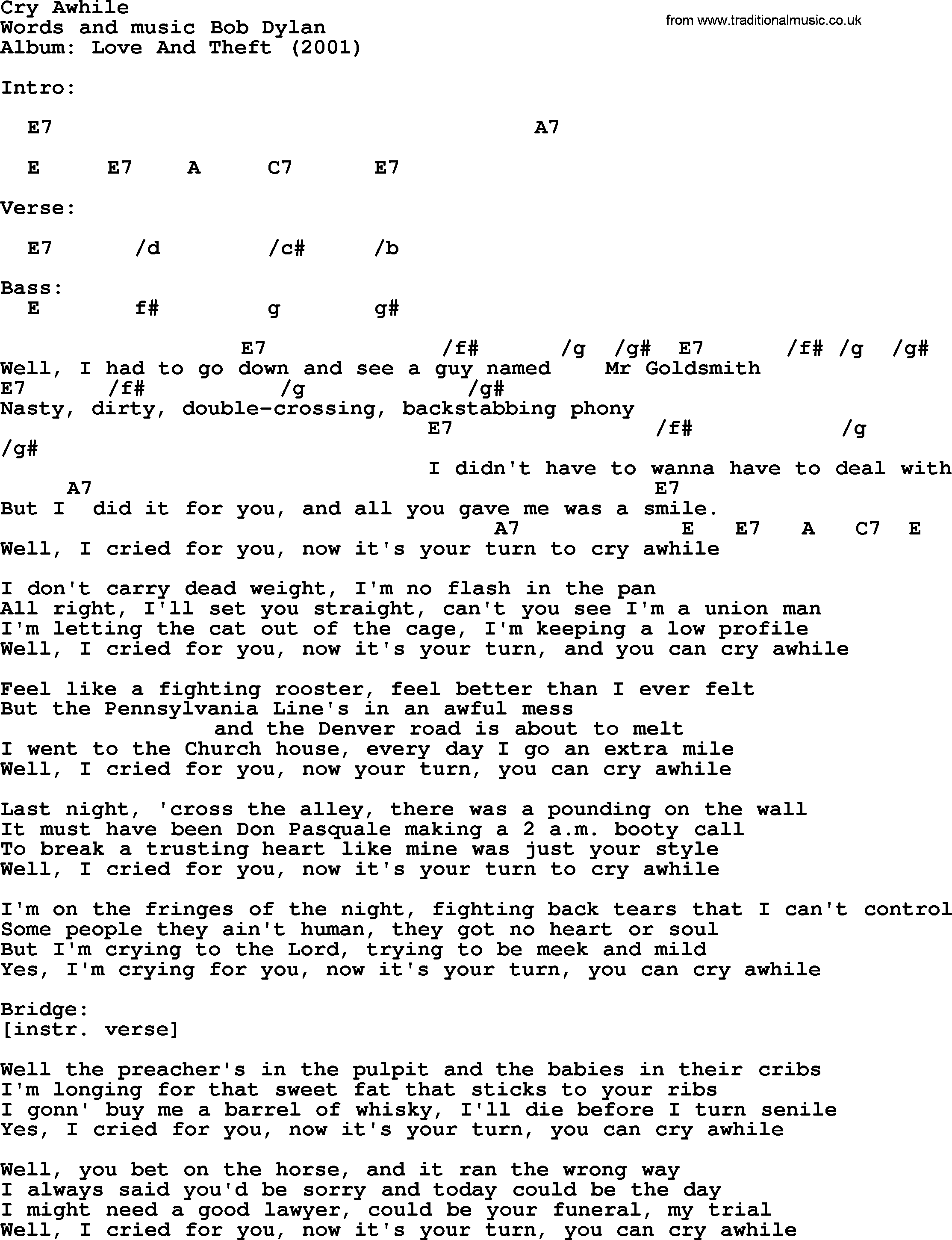 Bob Dylan song, lyrics with chords - Cry Awhile
