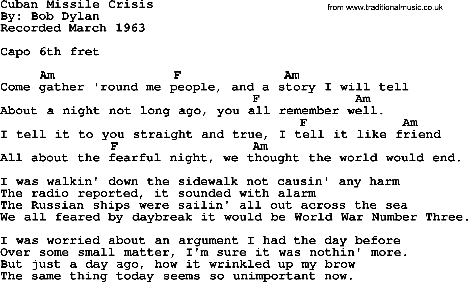 Bob Dylan song, lyrics with chords - Cuban Missile Crisis