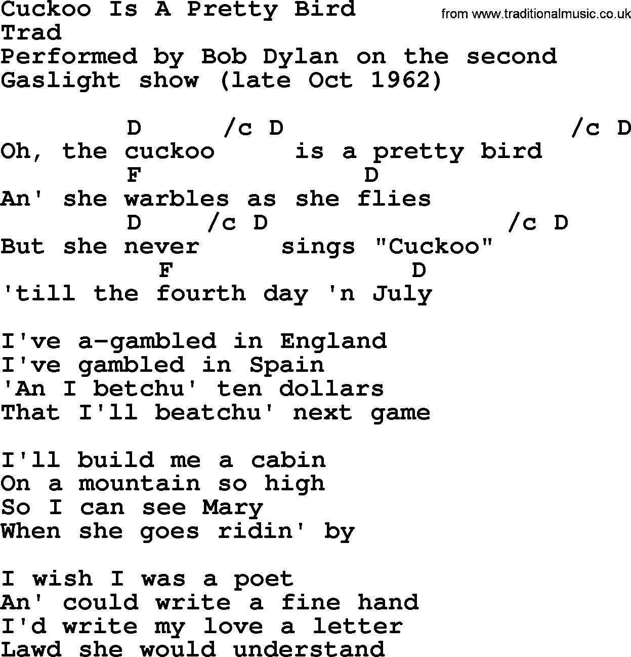 Bob Dylan song, lyrics with chords - Cuckoo Is A Pretty Bird