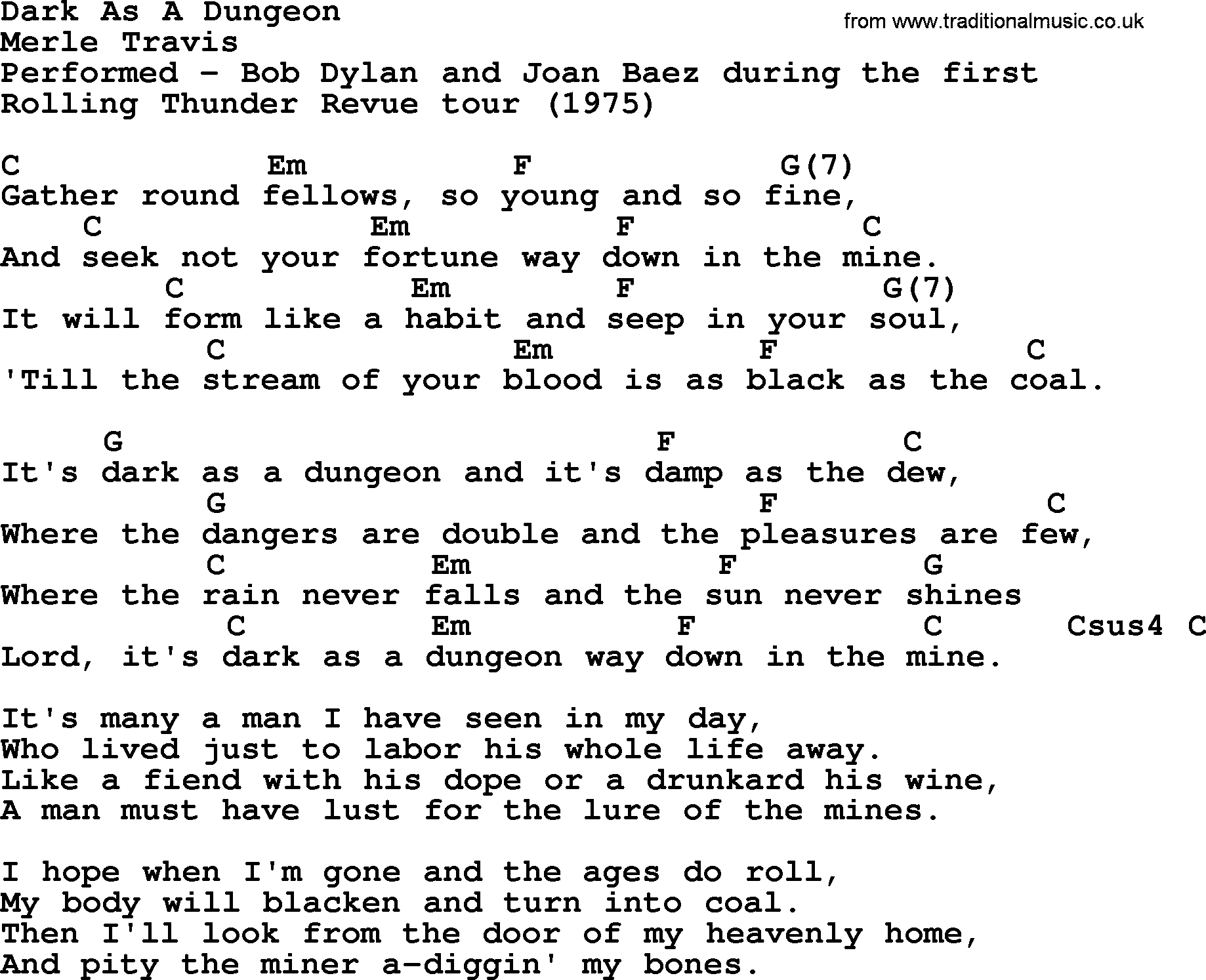 Bob Dylan song, lyrics with chords - Dark As A Dungeon