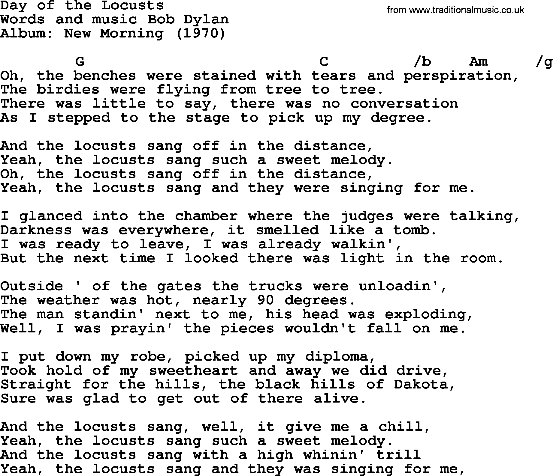 Bob Dylan song, lyrics with chords - Day of the Locusts