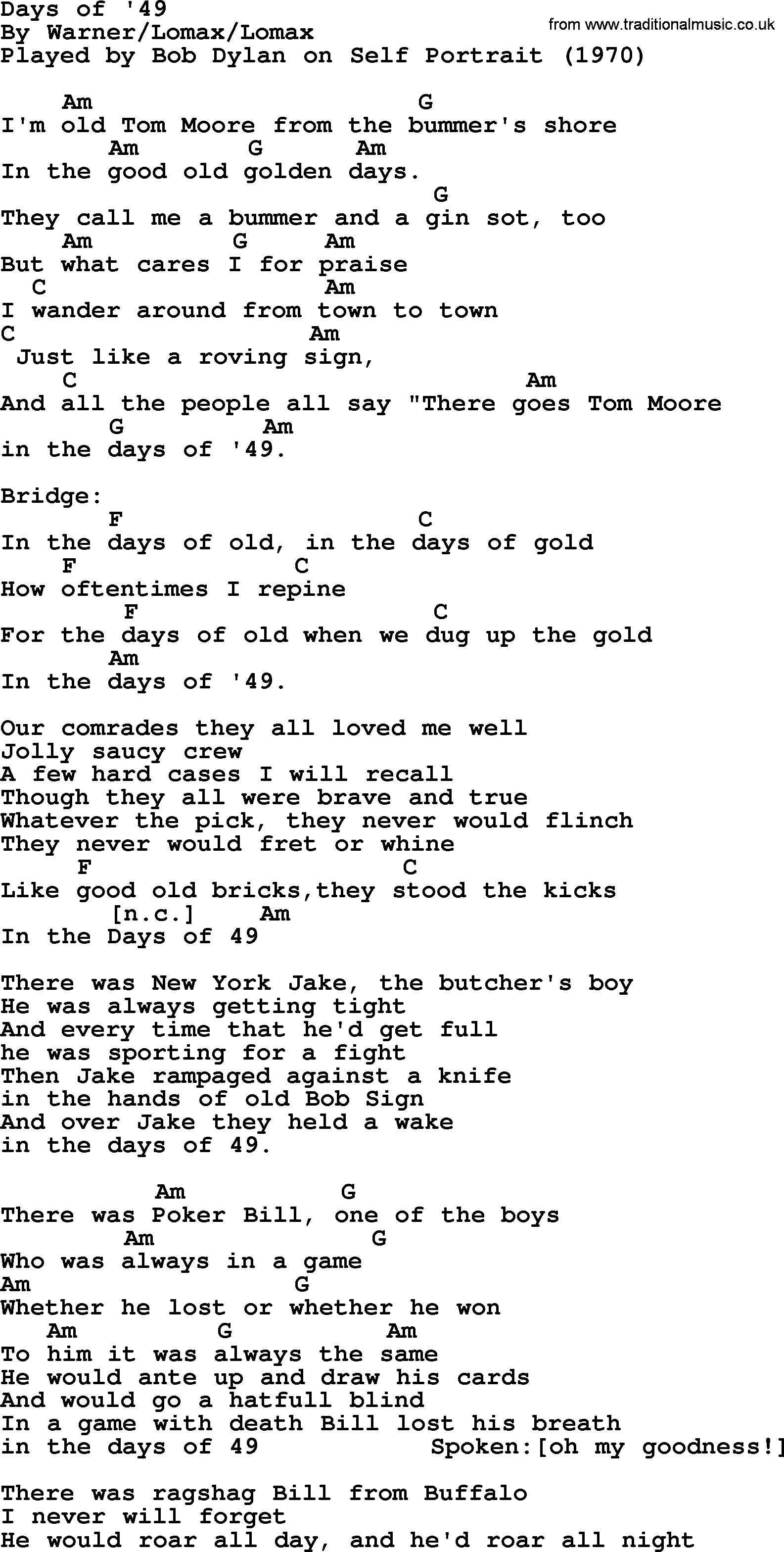 Bob Dylan song, lyrics with chords - Days of '49