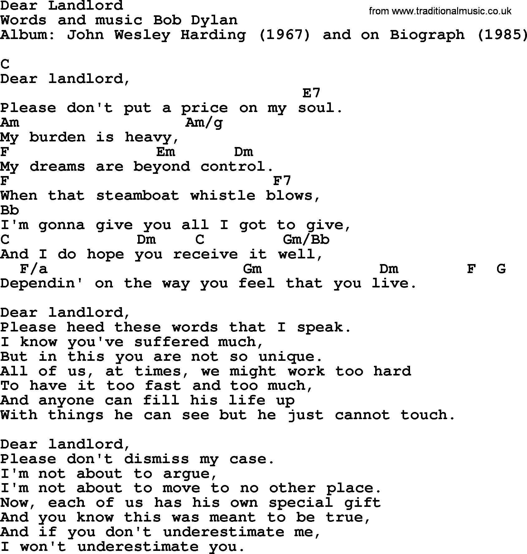 Bob Dylan song, lyrics with chords - Dear Landlord