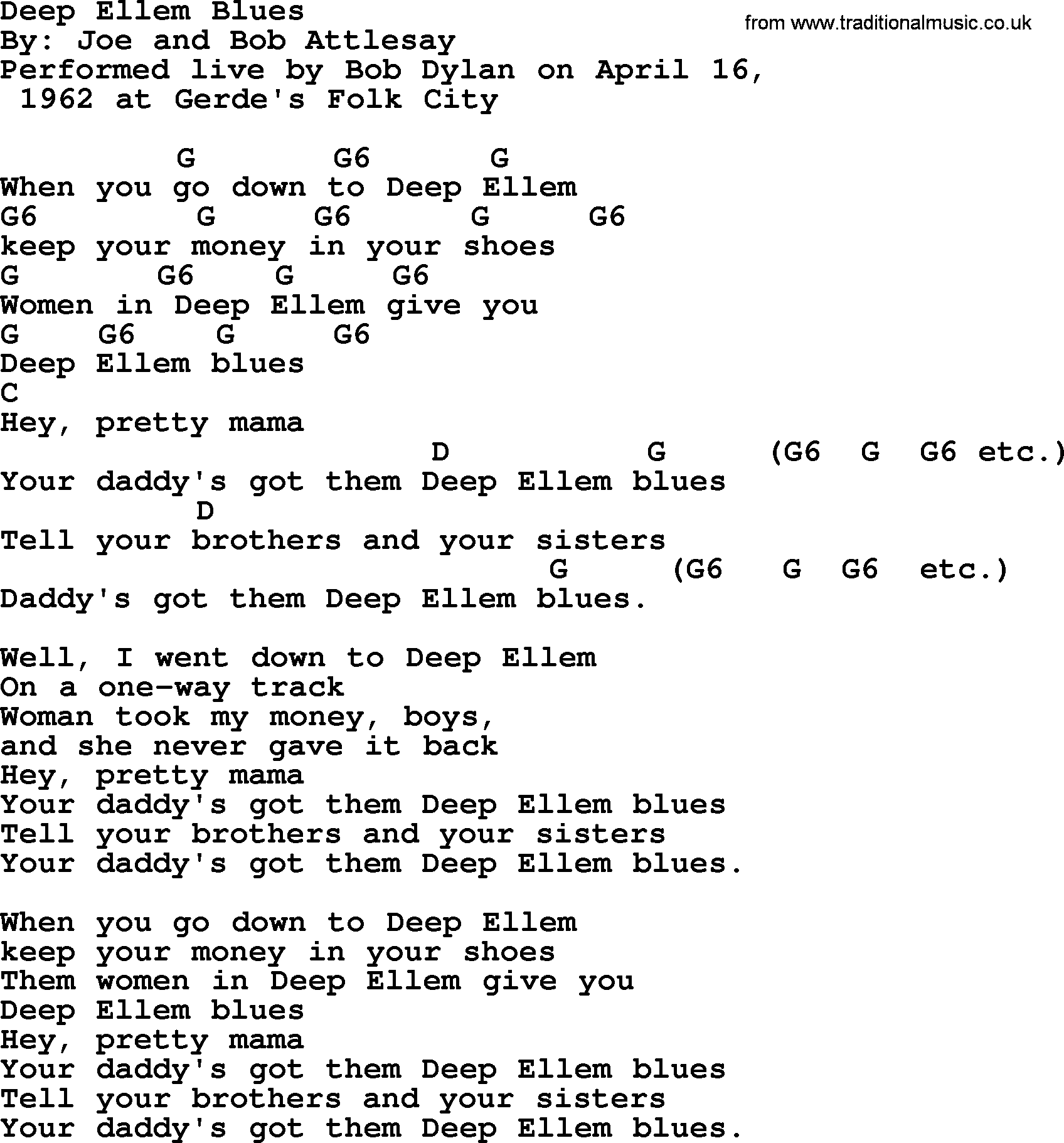 Bob Dylan song, lyrics with chords - Deep Ellem Blues