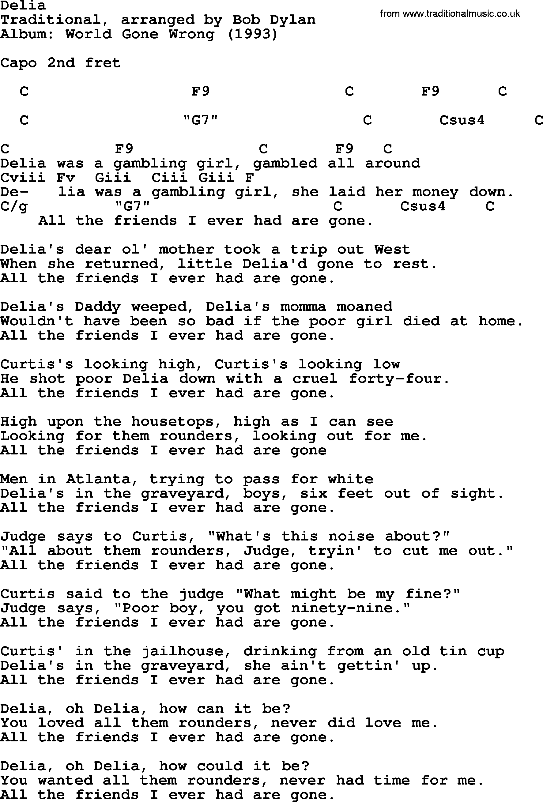 Bob Dylan song, lyrics with chords - Delia