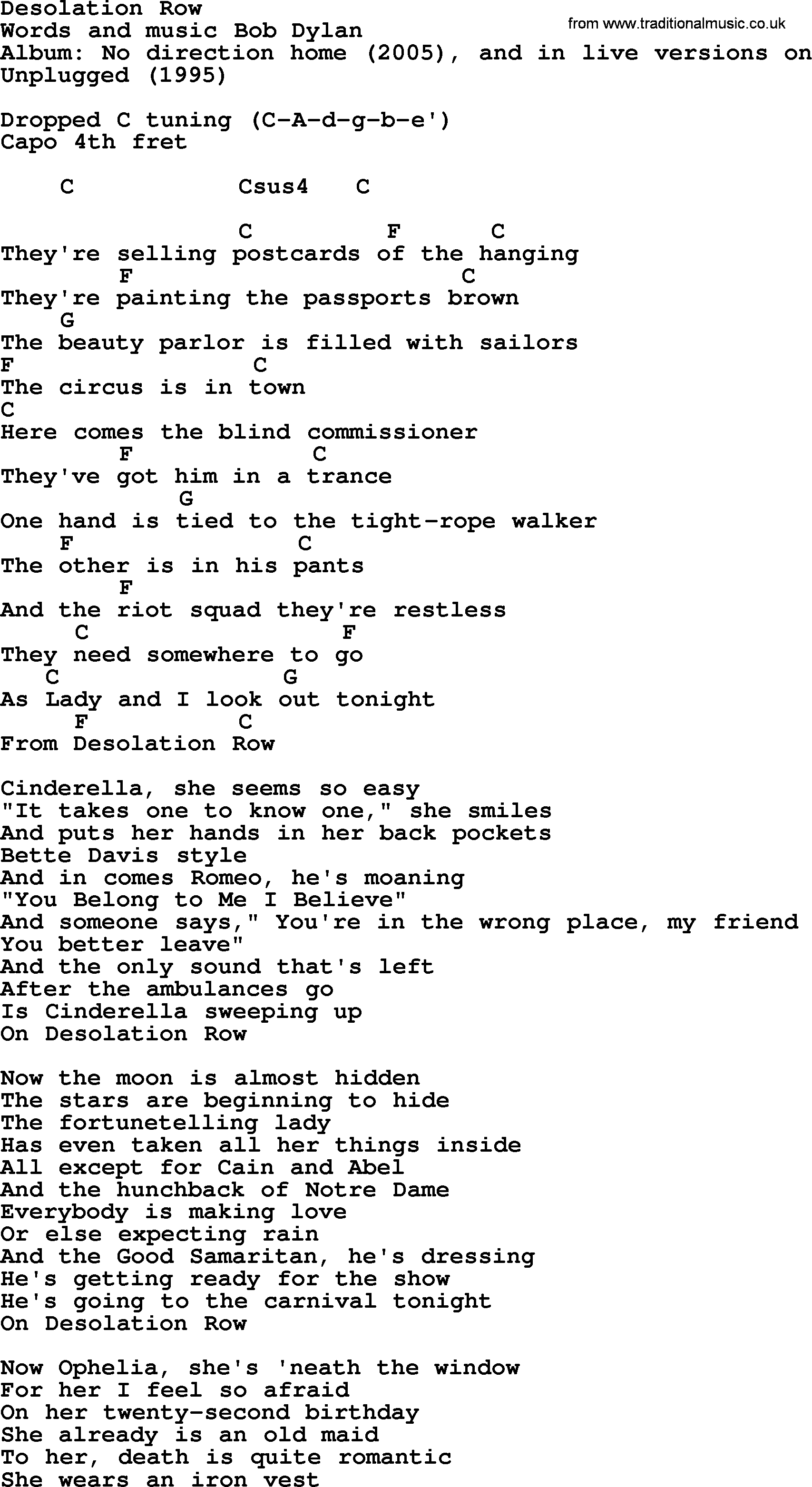 Bob Dylan song, lyrics with chords - Desolation Row