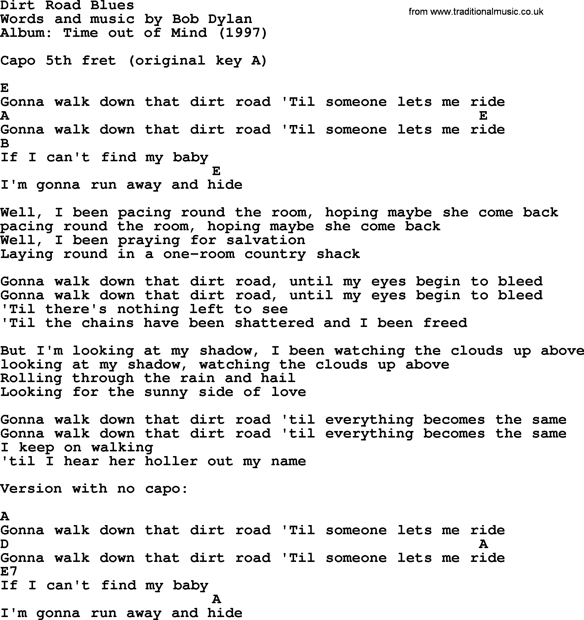 Bob Dylan song, lyrics with chords - Dirt Road Blues