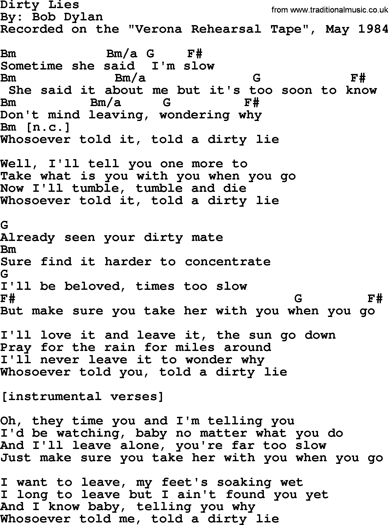 Bob Dylan song, lyrics with chords - Dirty Lies