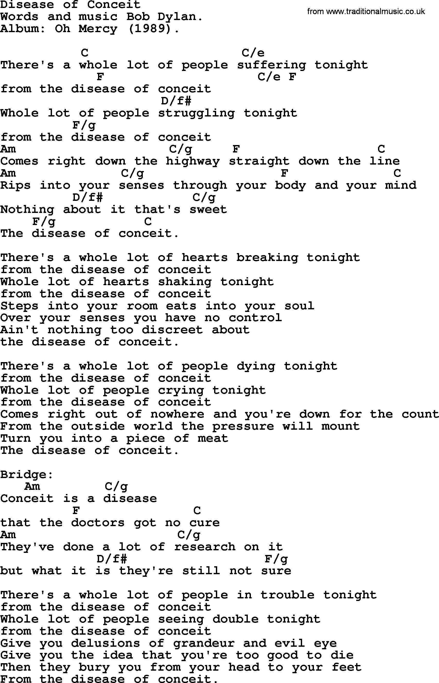 Bob Dylan song, lyrics with chords - Disease of Conceit