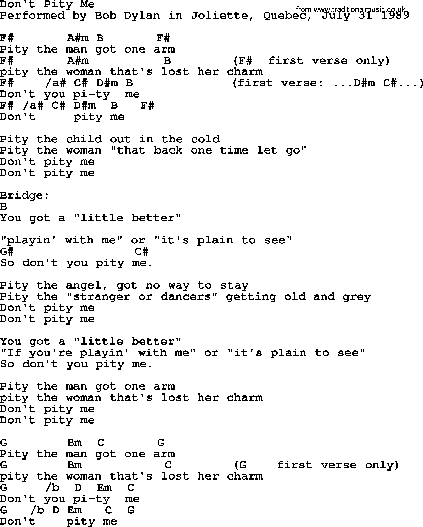 Bob Dylan song, lyrics with chords - Don't Pity Me