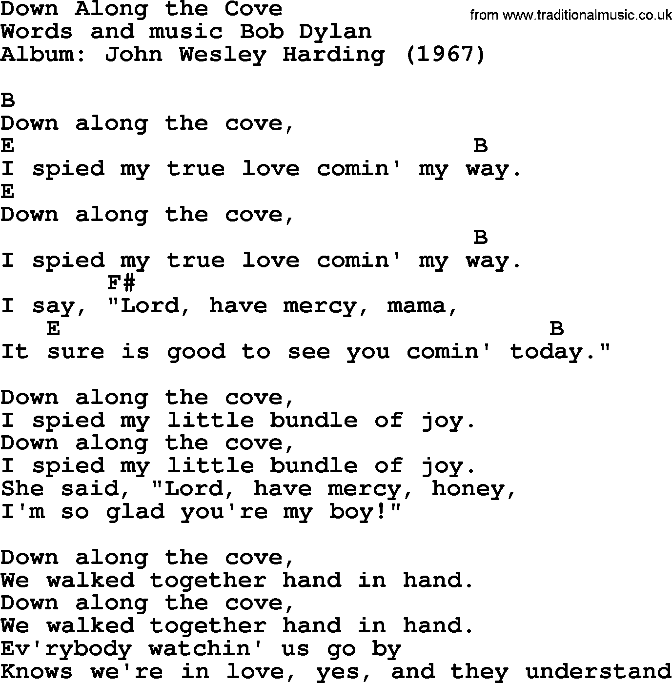 Bob Dylan song, lyrics with chords - Down Along the Cove