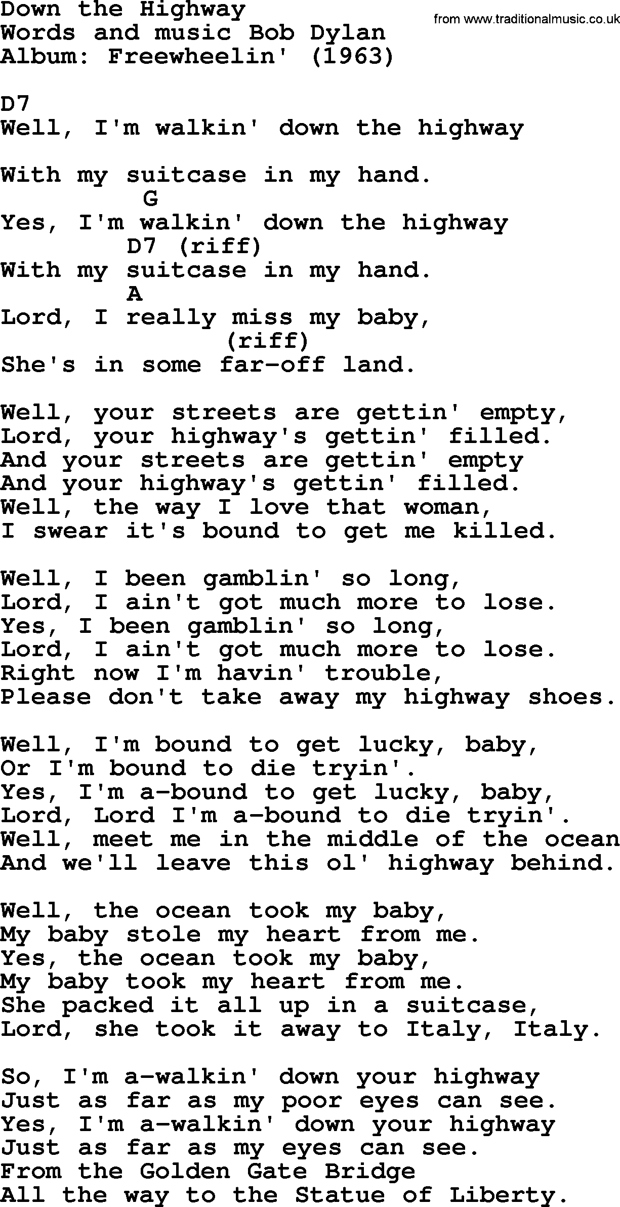 Bob Dylan song, lyrics with chords - Down the Highway