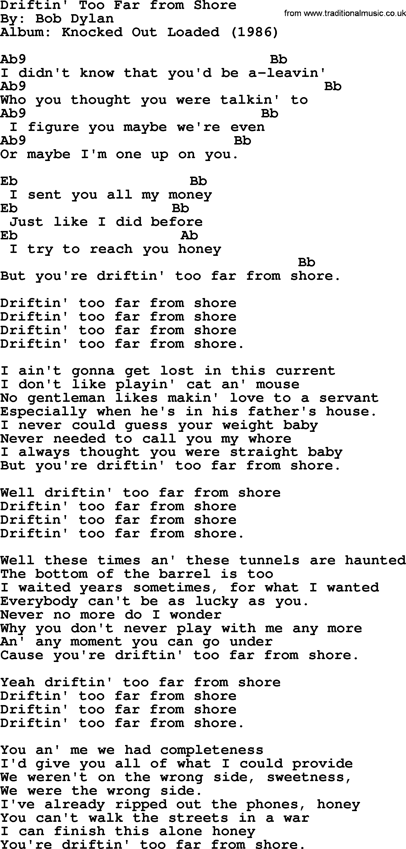 Bob Dylan song, lyrics with chords - Driftin' Too Far from Shore