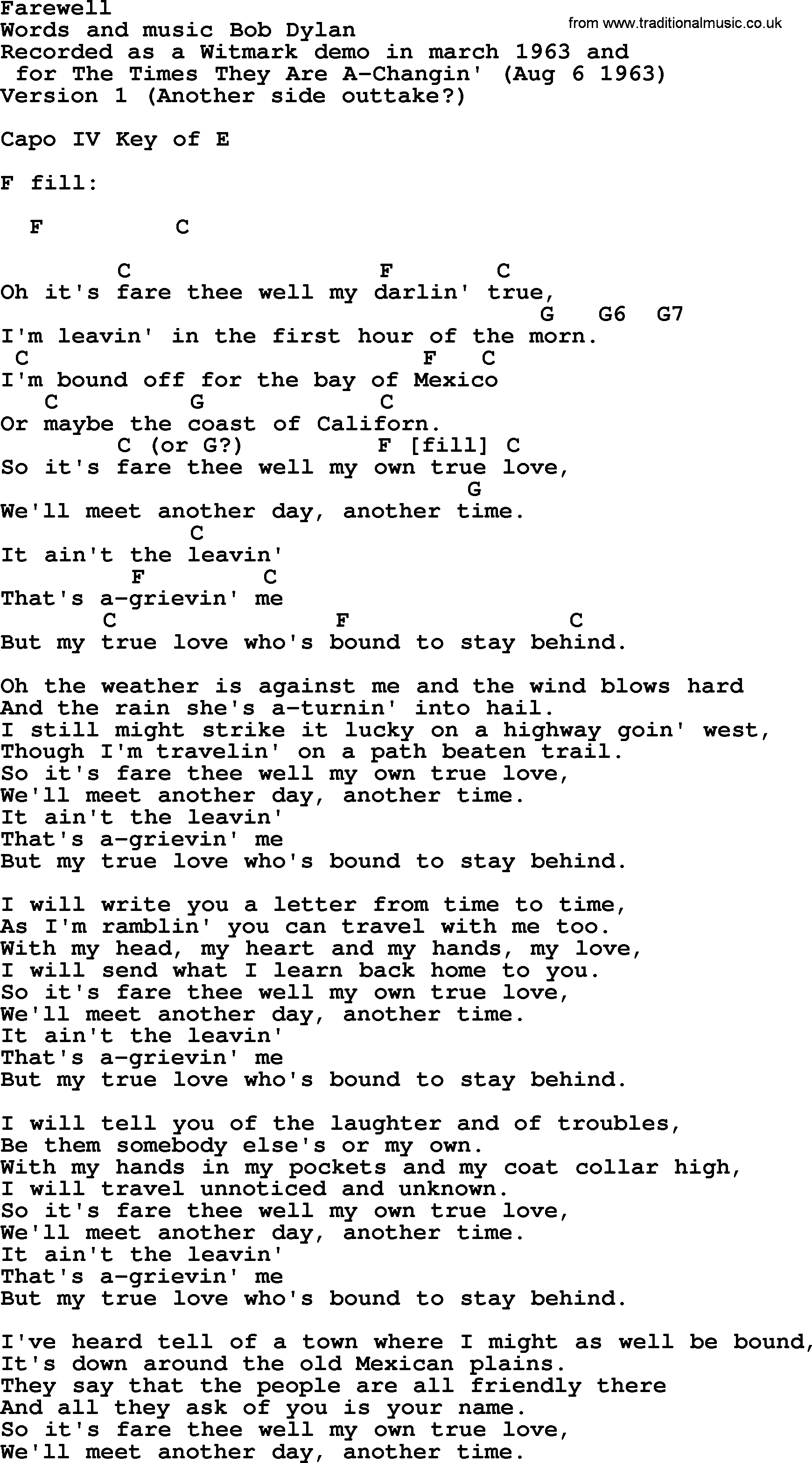 Bob Dylan song, lyrics with chords - Farewell