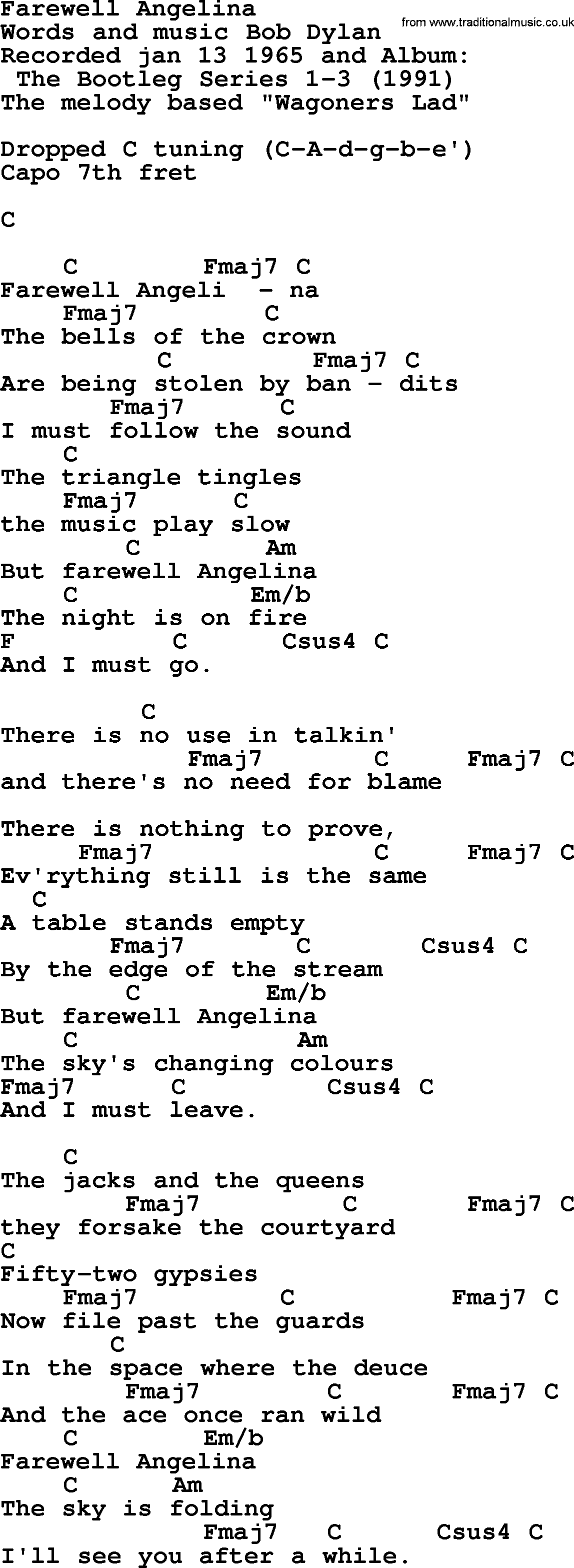 Bob Dylan song, lyrics with chords - Farewell Angelina