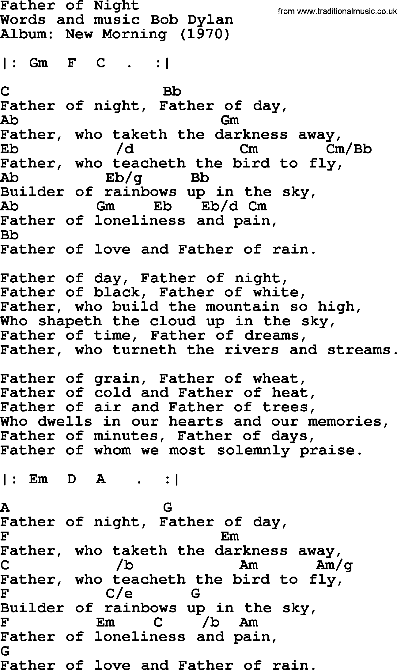 Bob Dylan song, lyrics with chords - Father of Night