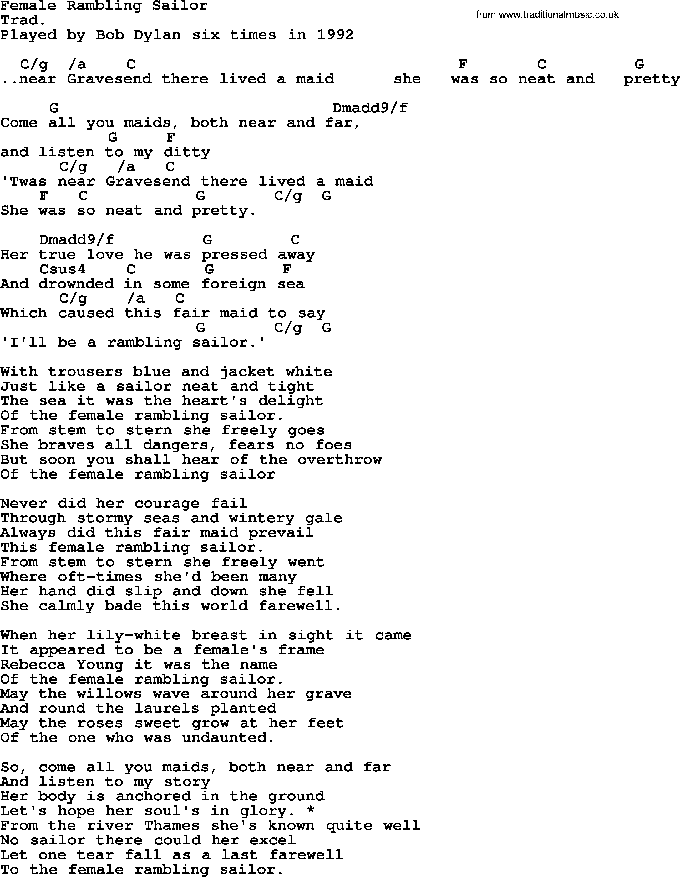 Bob Dylan song, lyrics with chords - Female Rambling Sailor