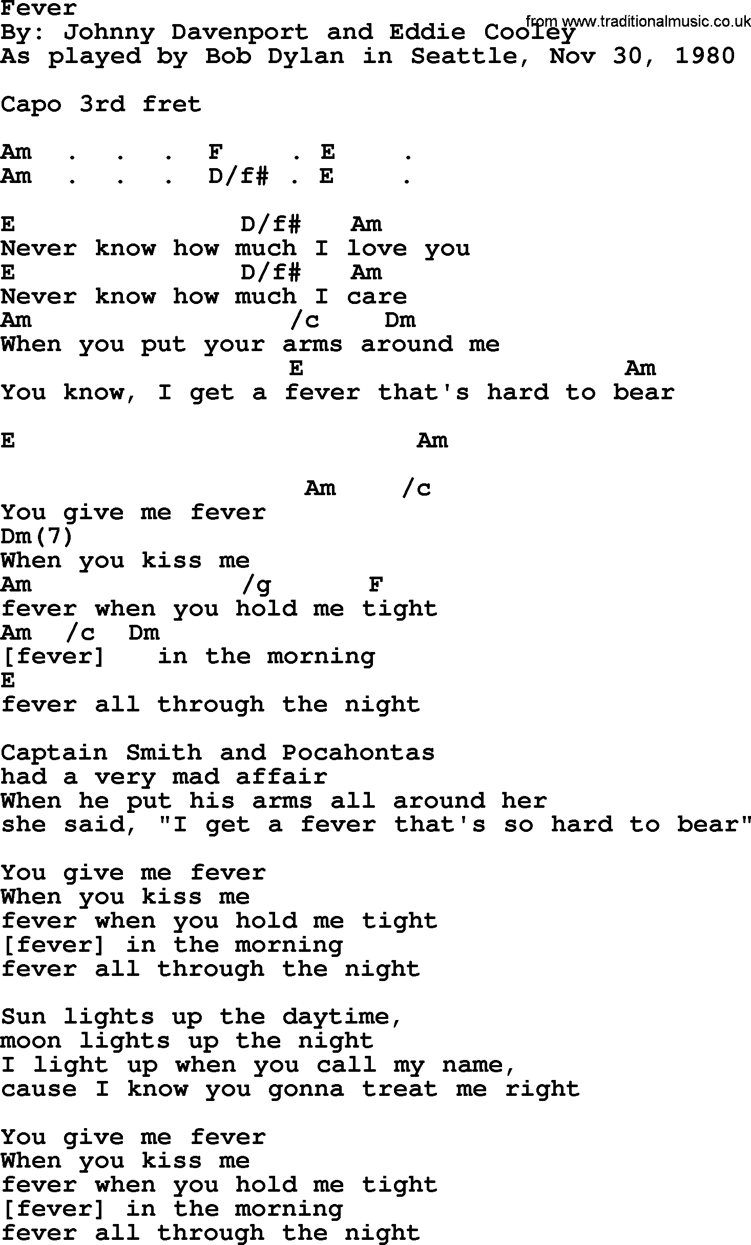 Bob Dylan song, lyrics with chords - Fever