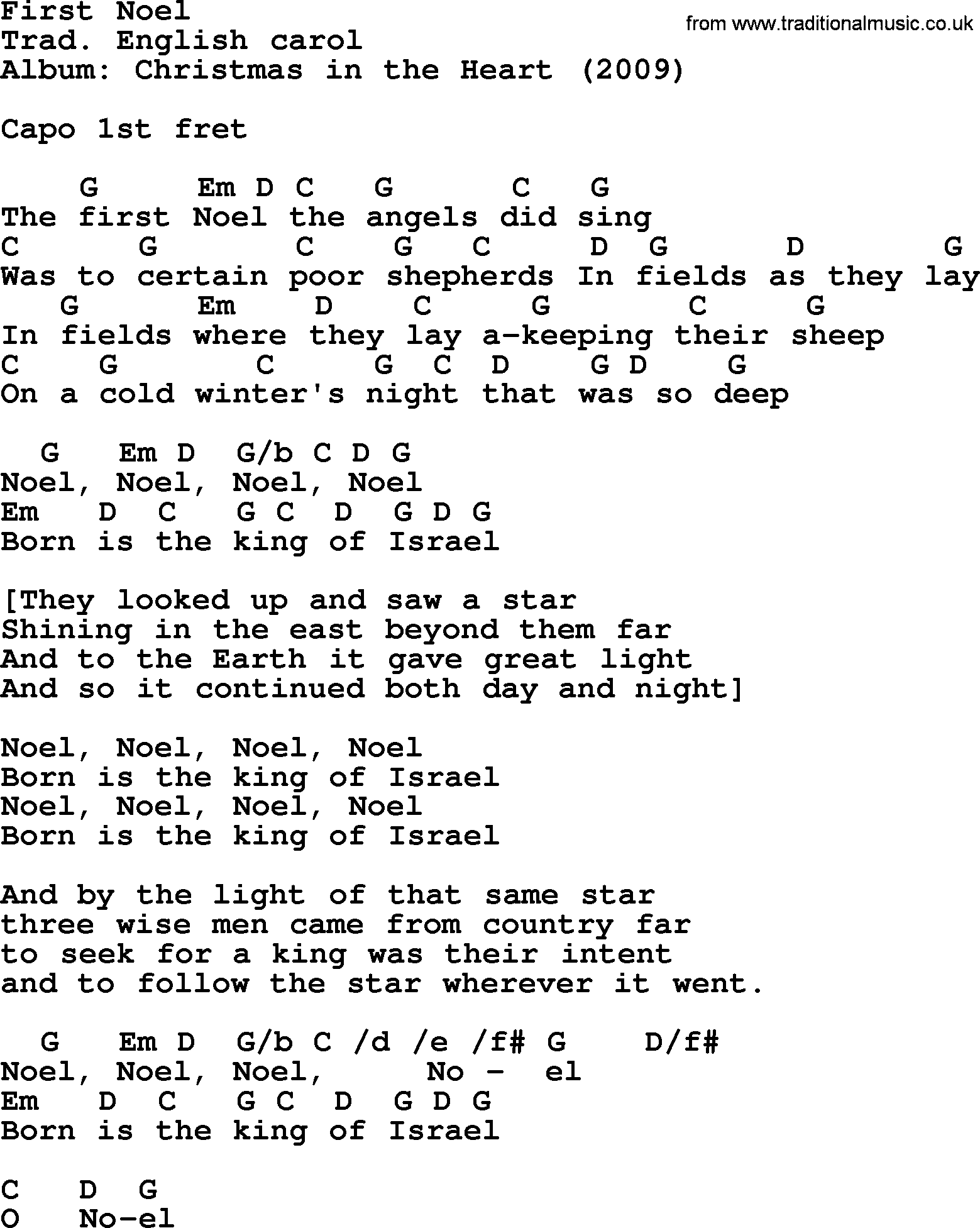 Bob Dylan song, lyrics with chords - First Noel