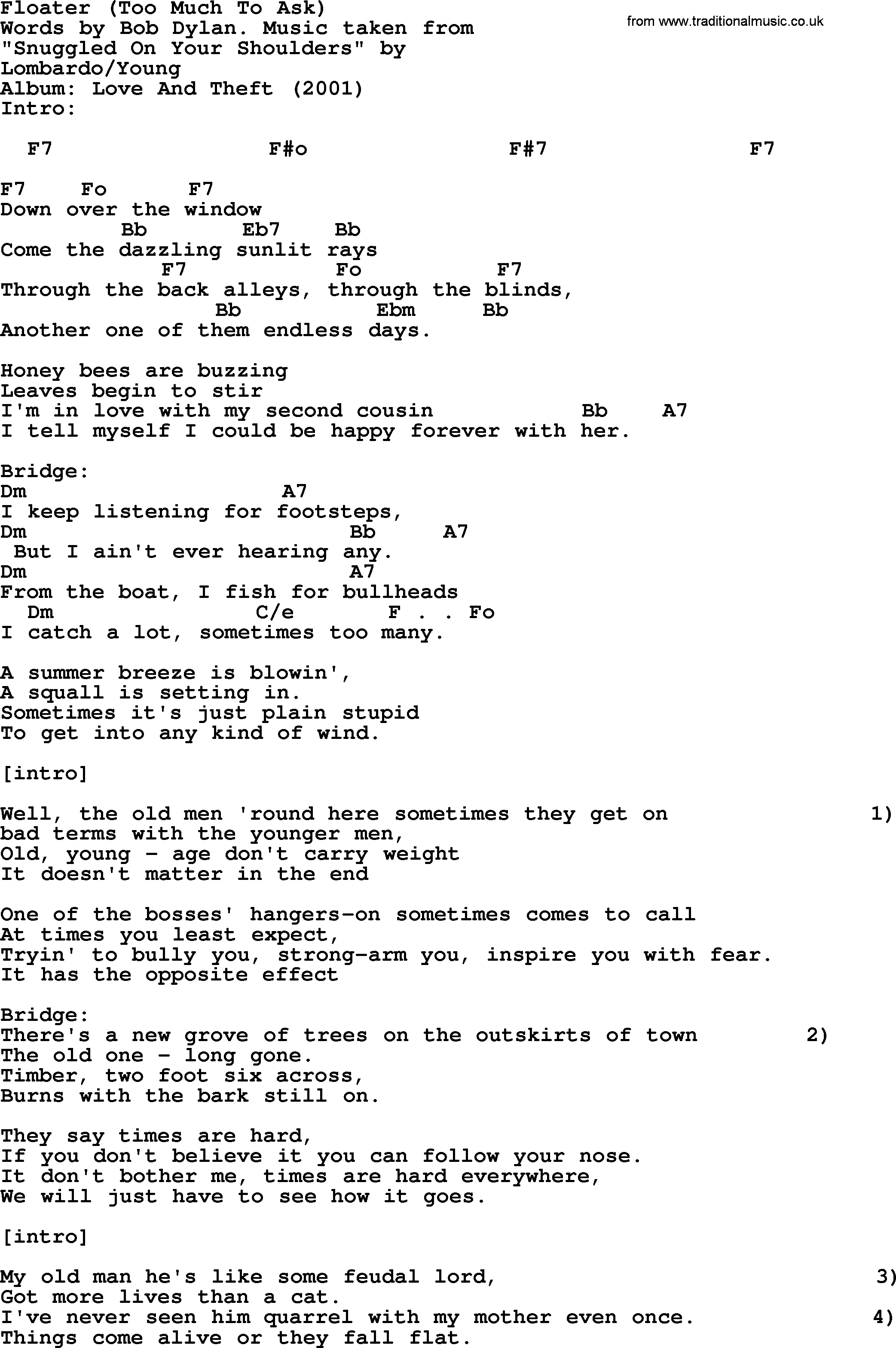 Bob Dylan song, lyrics with chords - Floater (Too Much To Ask)