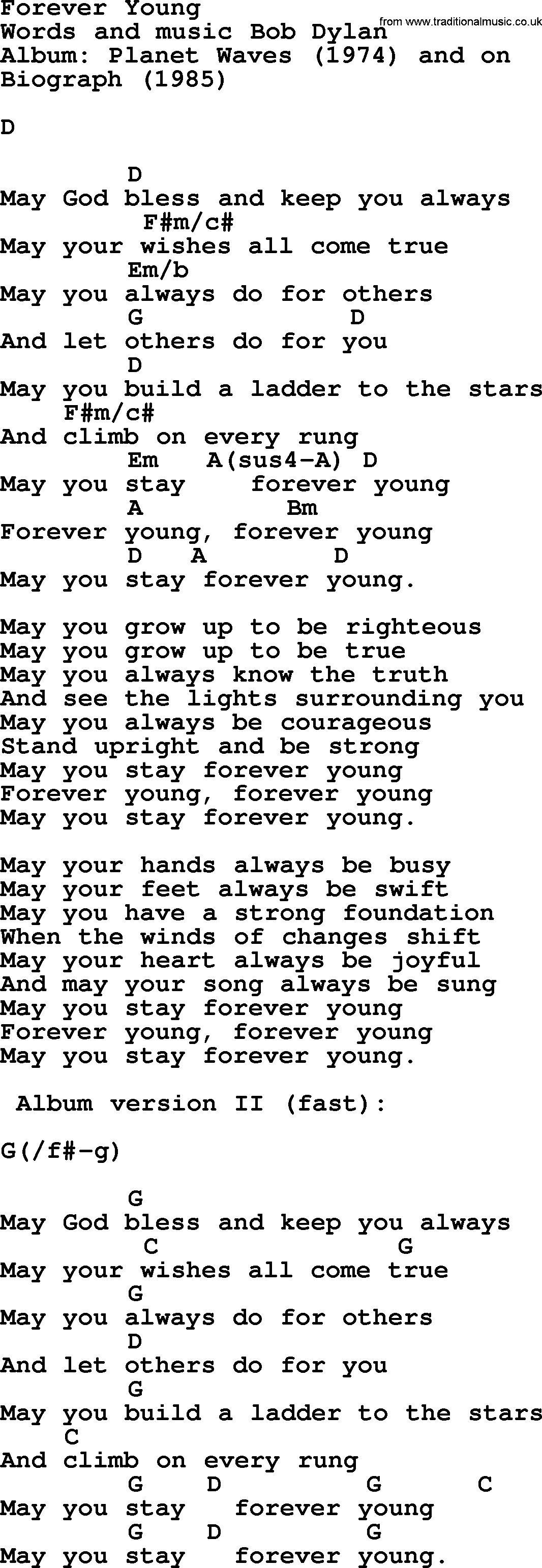 Bob Dylan song, lyrics with chords - Forever Young