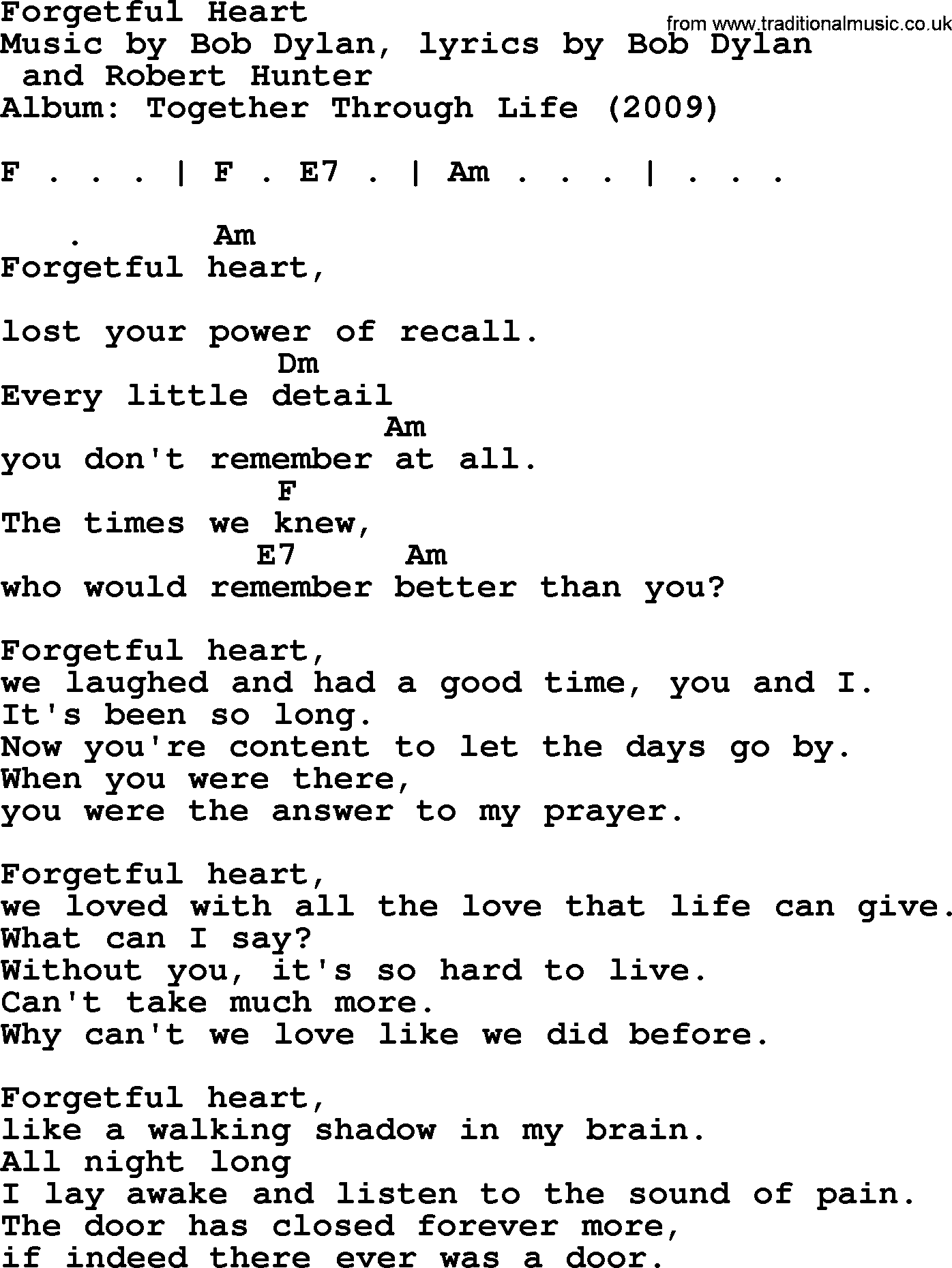 Bob Dylan song, lyrics with chords - Forgetful Heart