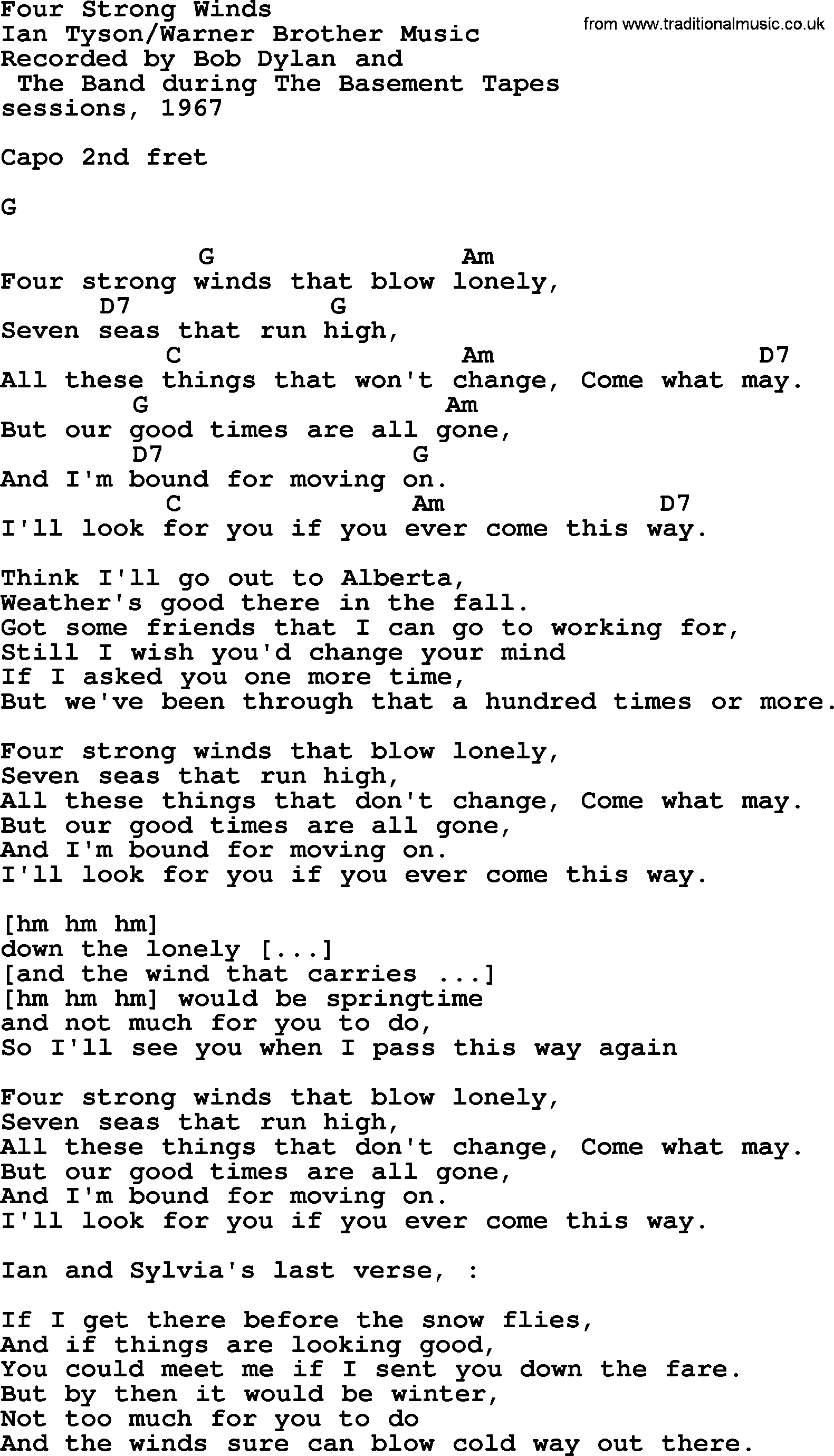 Bob Dylan song, lyrics with chords - Four Strong Winds
