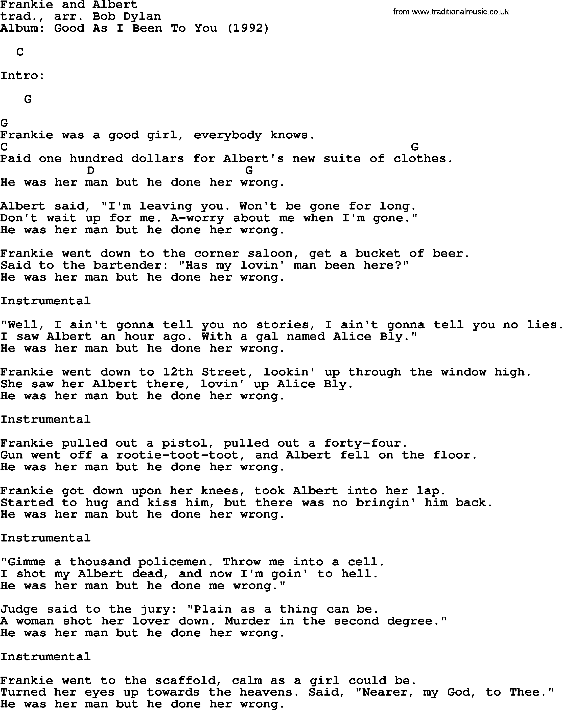 Bob Dylan song, lyrics with chords - Frankie and Albert