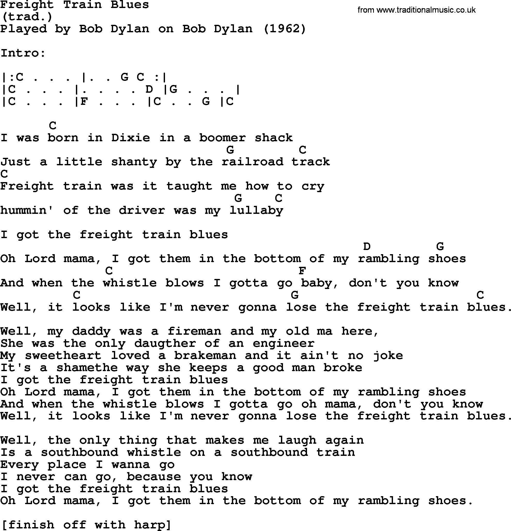 Bob Dylan song, lyrics with chords - Freight Train Blues