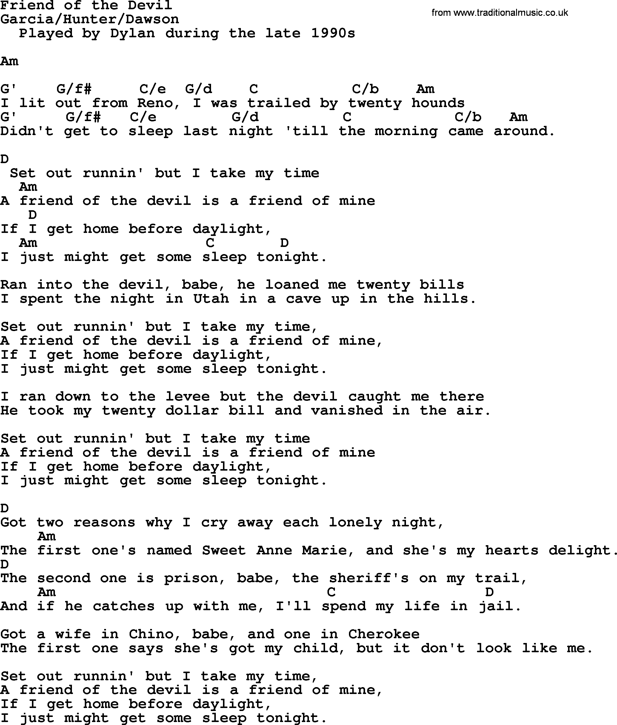 Bob Dylan song, lyrics with chords - Friend of the Devil