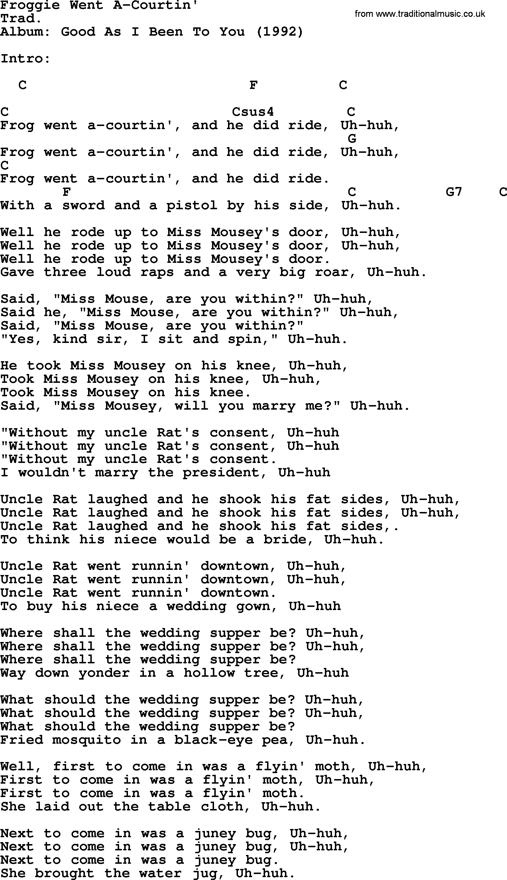 Bob Dylan song, lyrics with chords - Froggie Went A-Courtin'