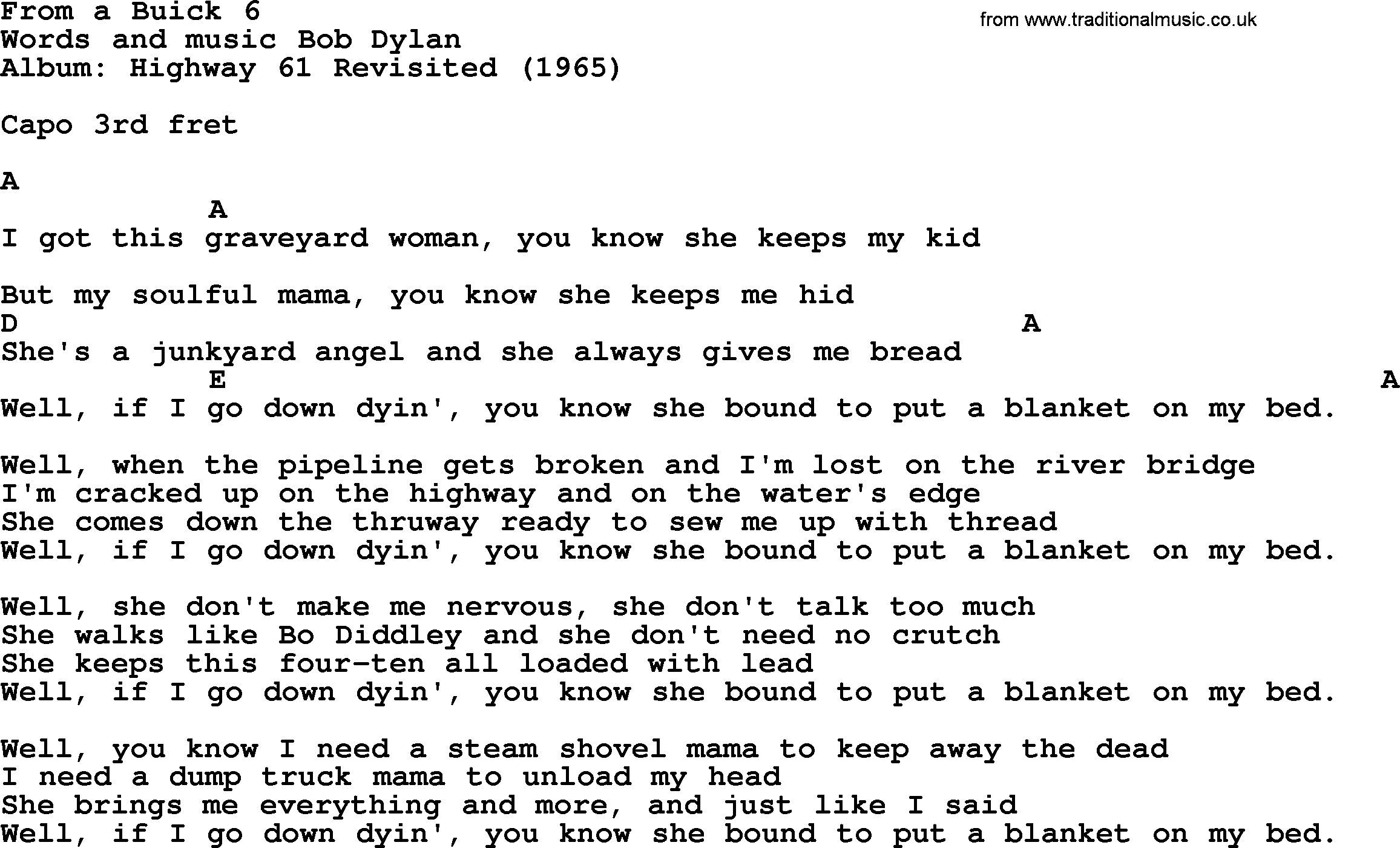 Bob Dylan song, lyrics with chords - From a Buick 6