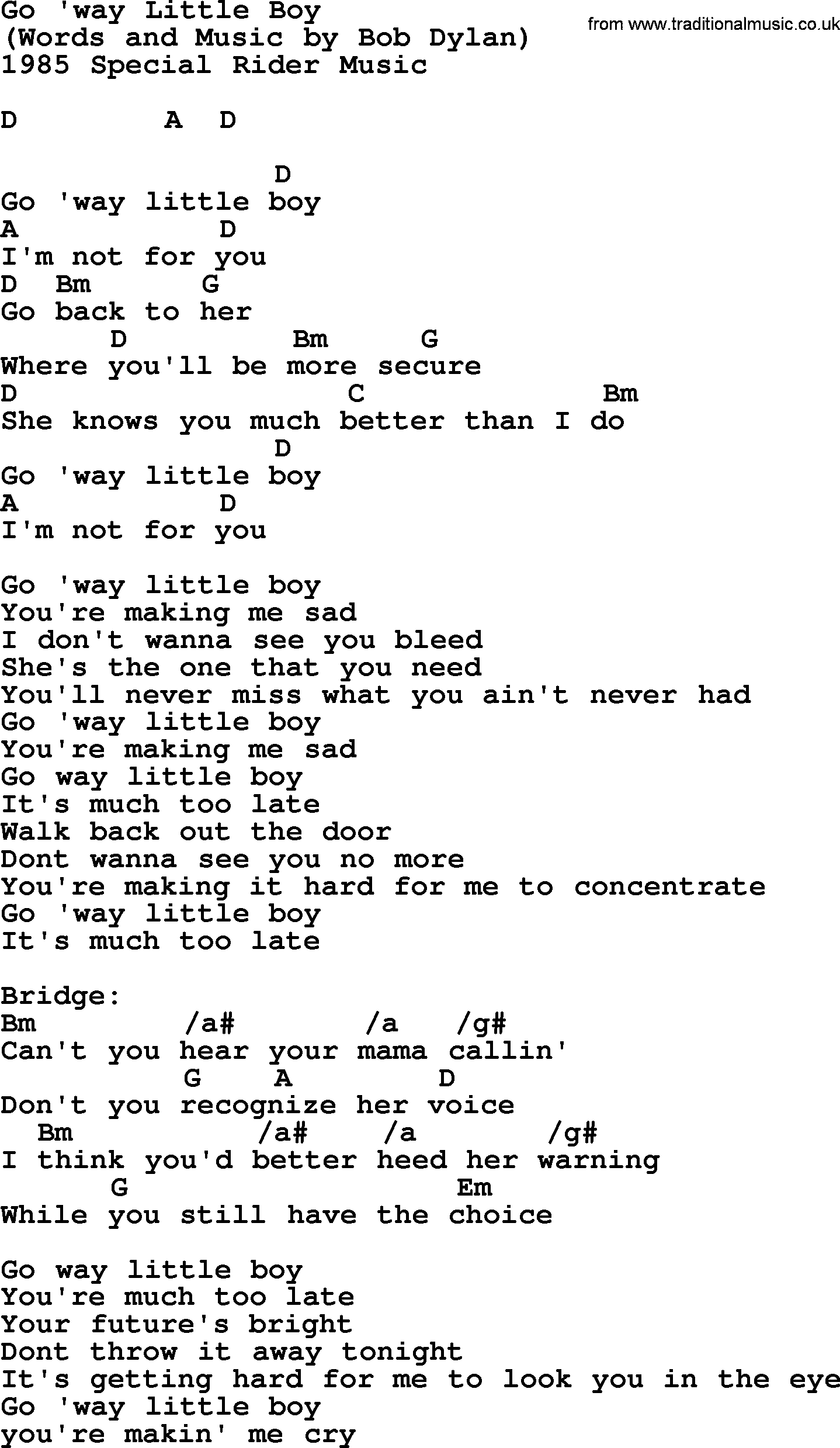 Bob Dylan song, lyrics with chords - Go 'way Little Boy