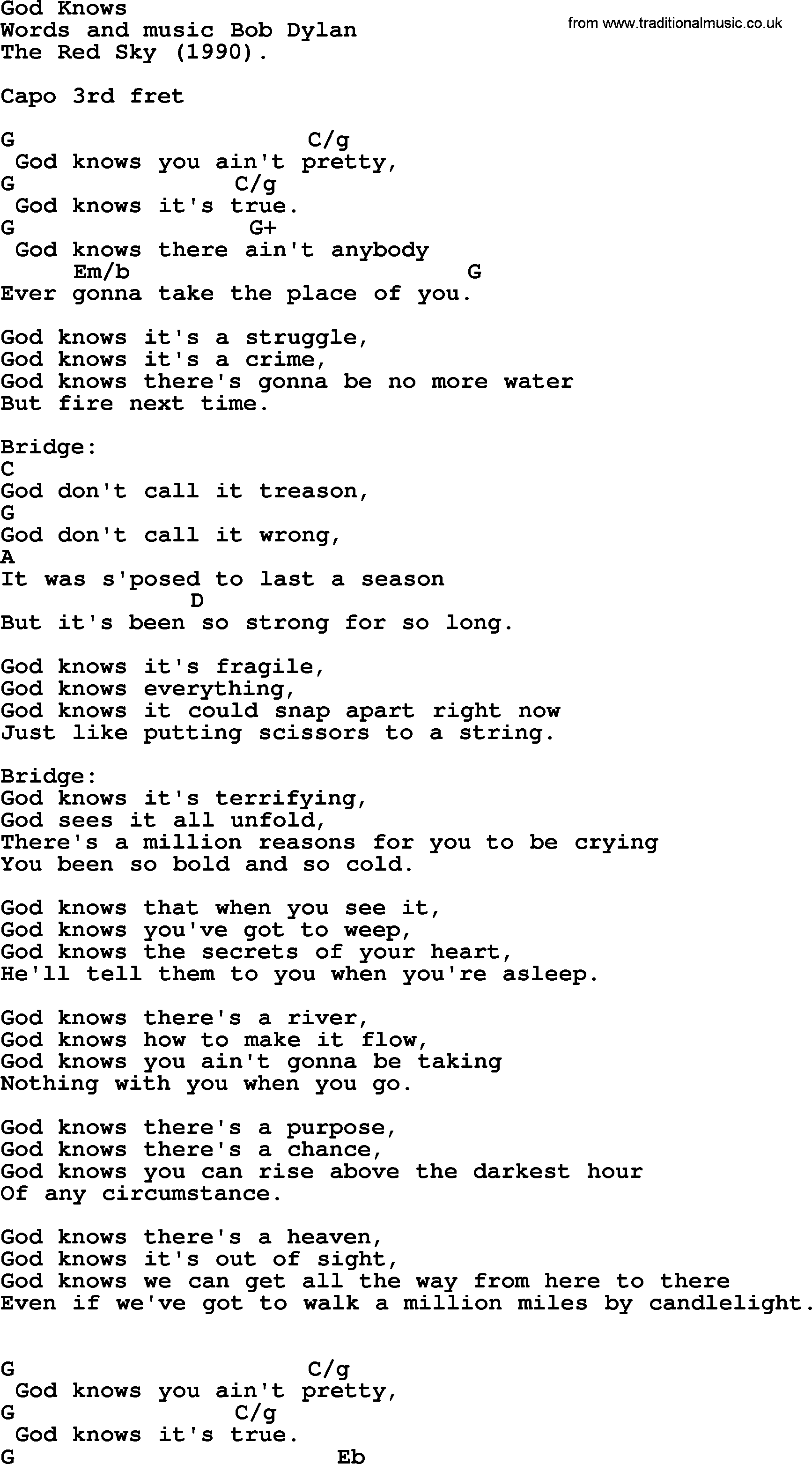 Bob Dylan song, lyrics with chords - God Knows