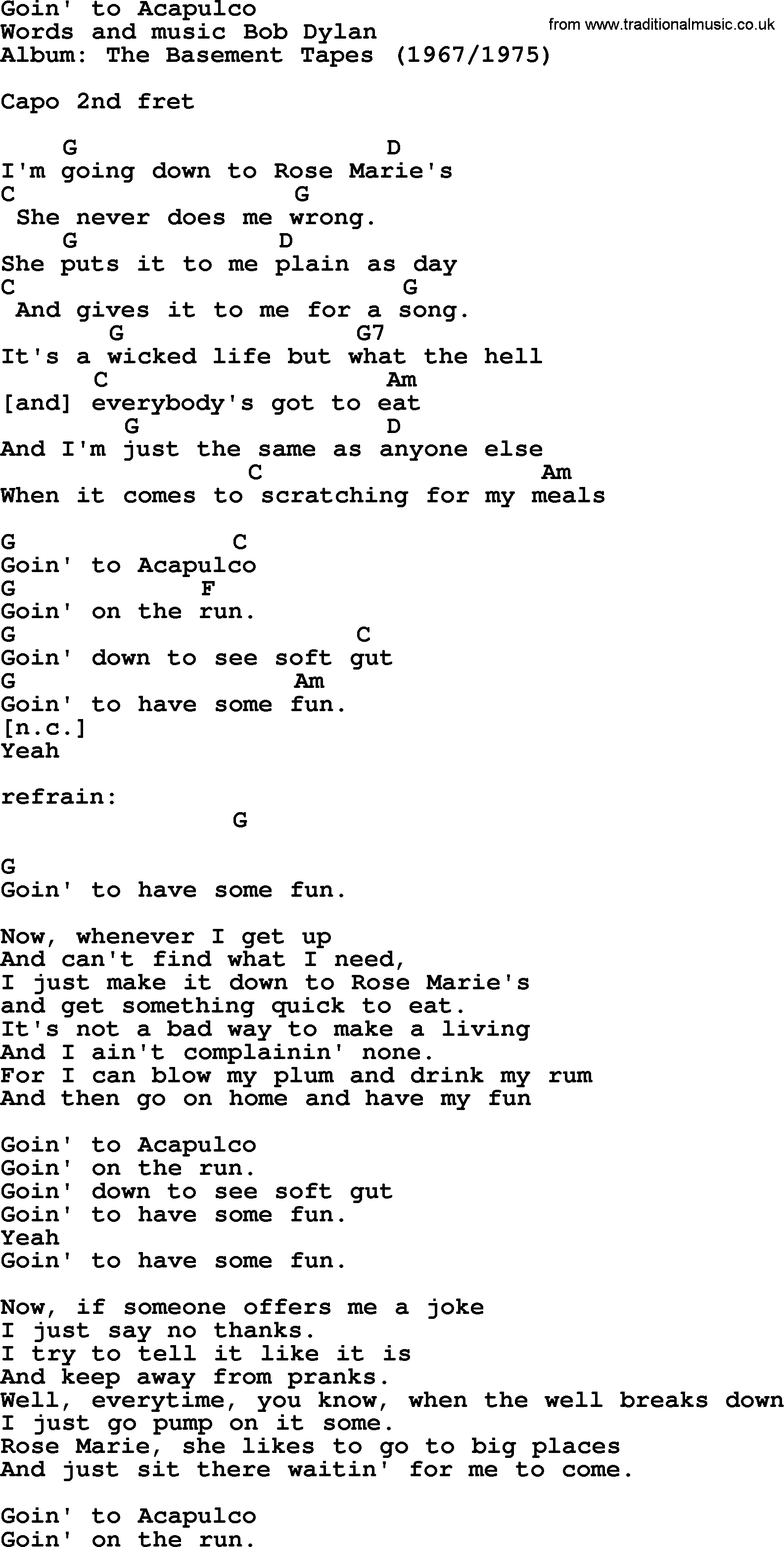 Bob Dylan song, lyrics with chords - Goin' to Acapulco