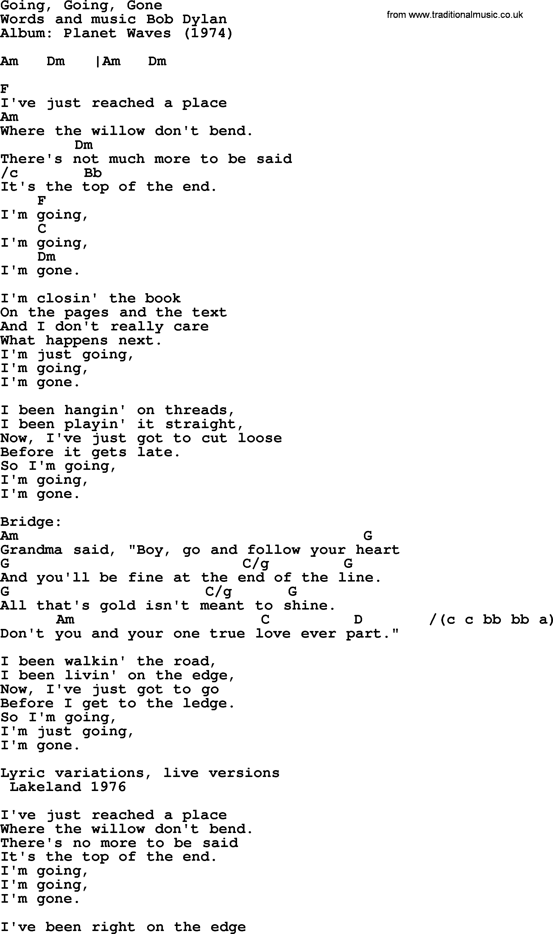 Bob Dylan song, lyrics with chords - Going, Going, Gone