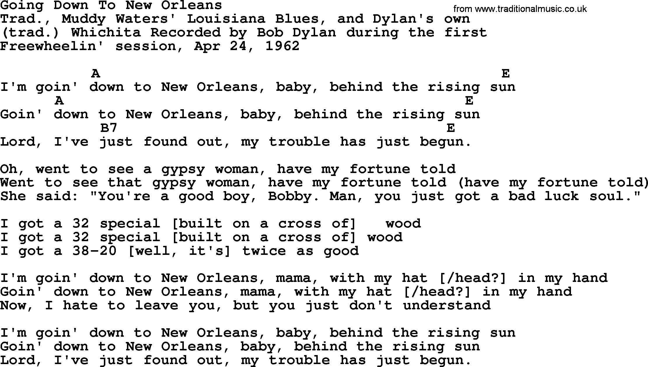 Bob Dylan song, lyrics with chords - Going Down To New Orleans
