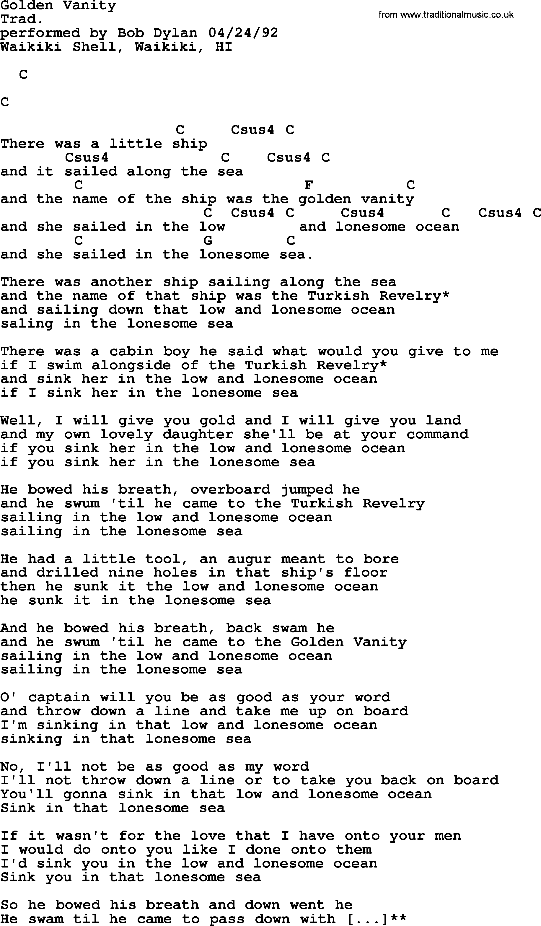 Bob Dylan song, lyrics with chords - Golden Vanity