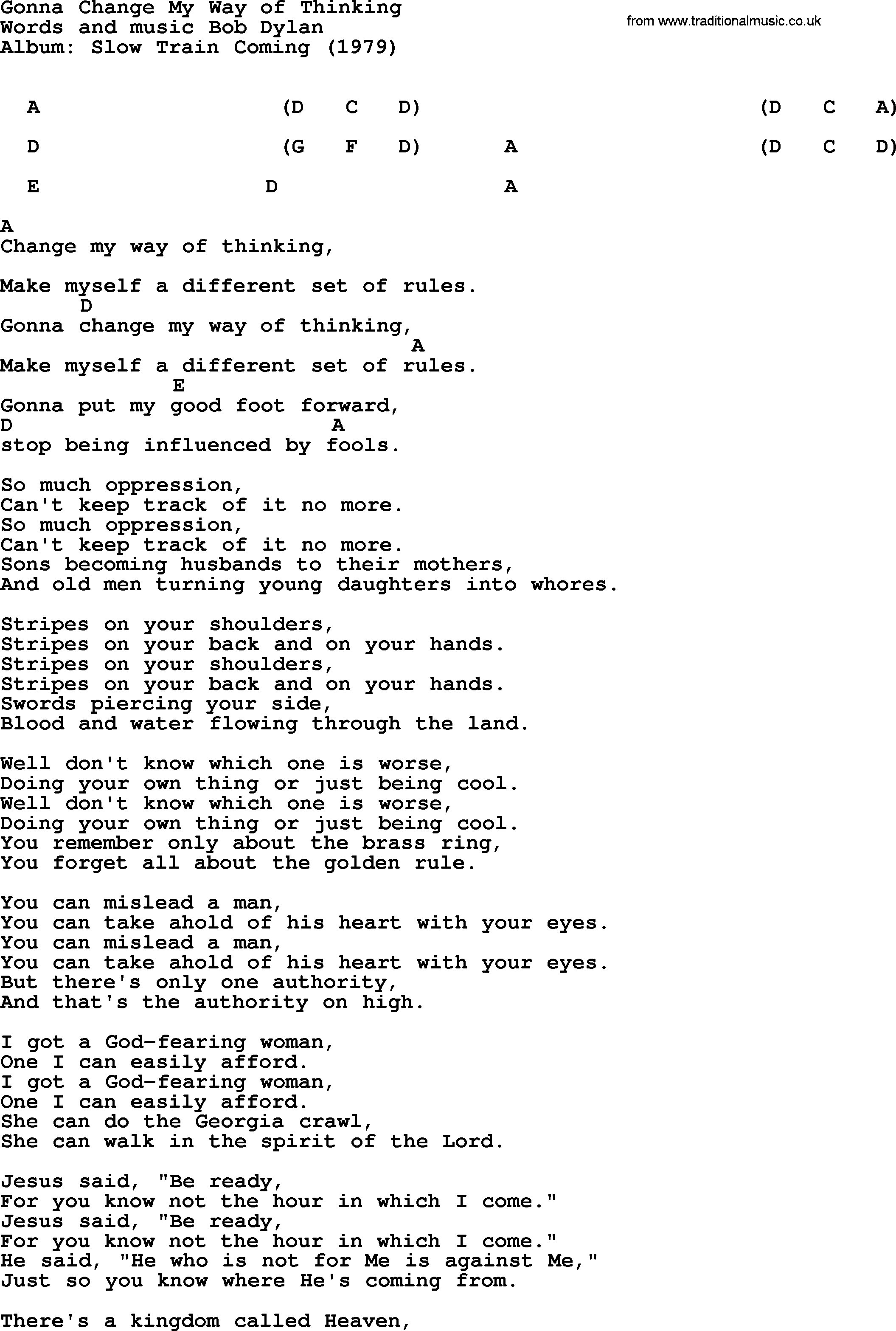 Bob Dylan song, lyrics with chords - Gonna Change My Way of Thinking