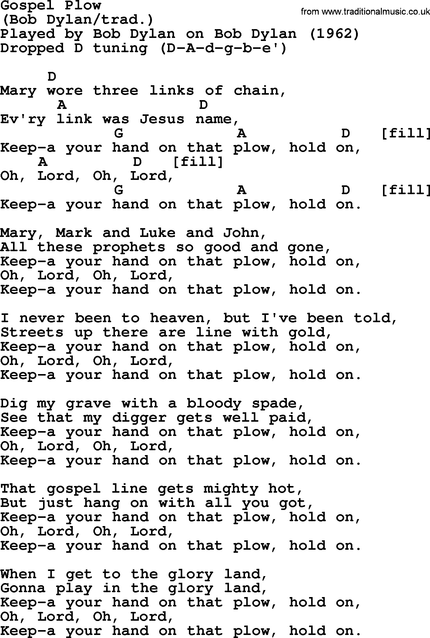 Bob Dylan song, lyrics with chords - Gospel Plow