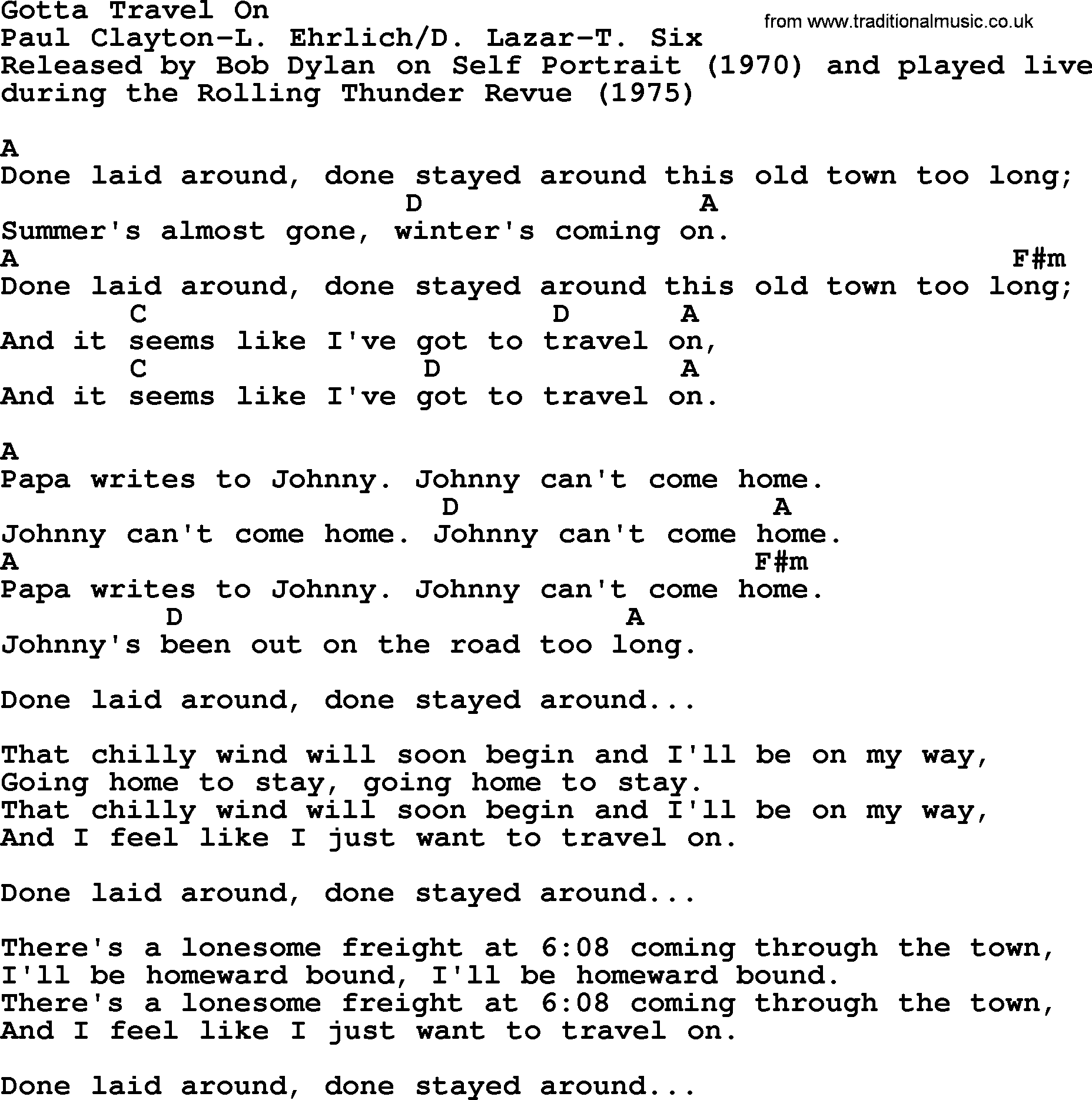 Bob Dylan song, lyrics with chords - Gotta Travel On