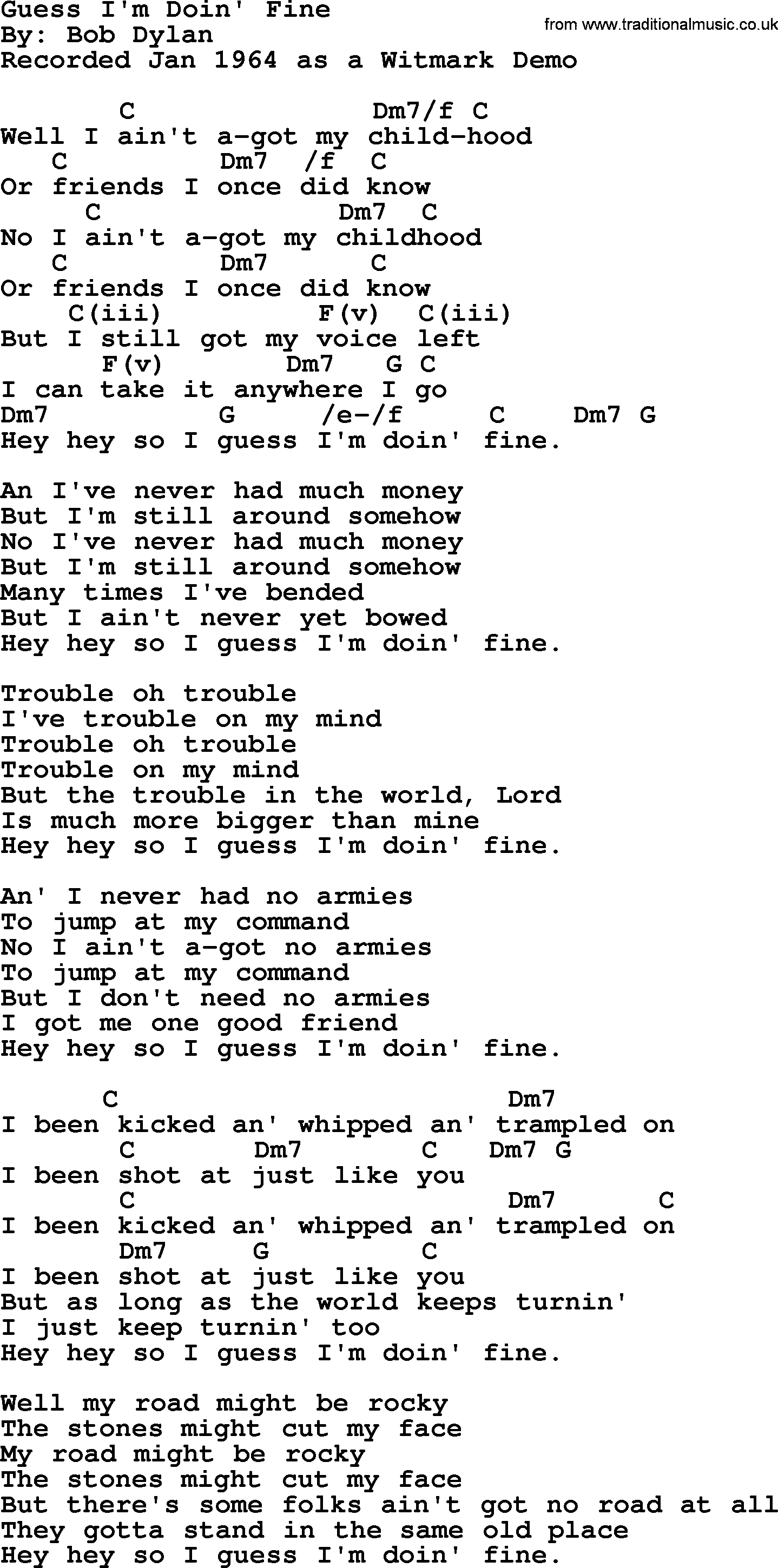 Bob Dylan song, lyrics with chords - Guess I'm Doin' Fine