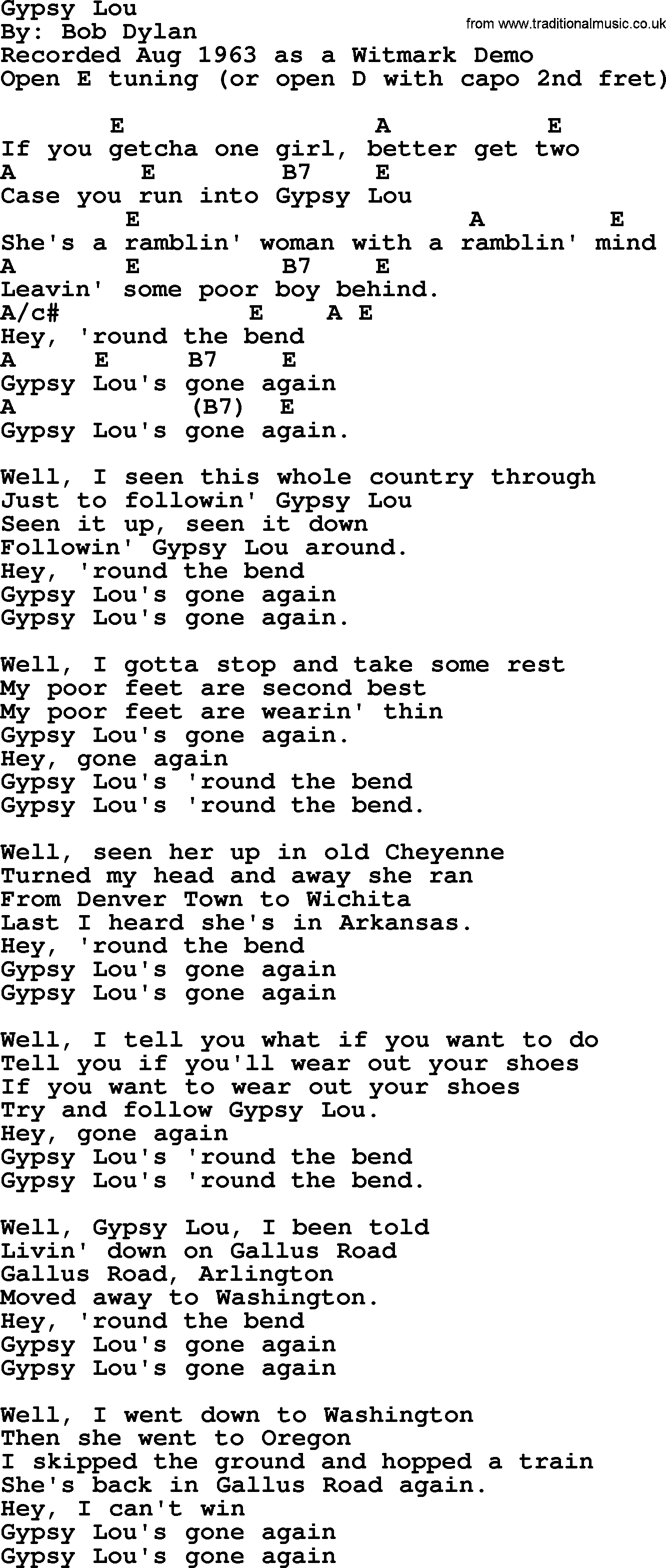 Bob Dylan song, lyrics with chords - Gypsy Lou
