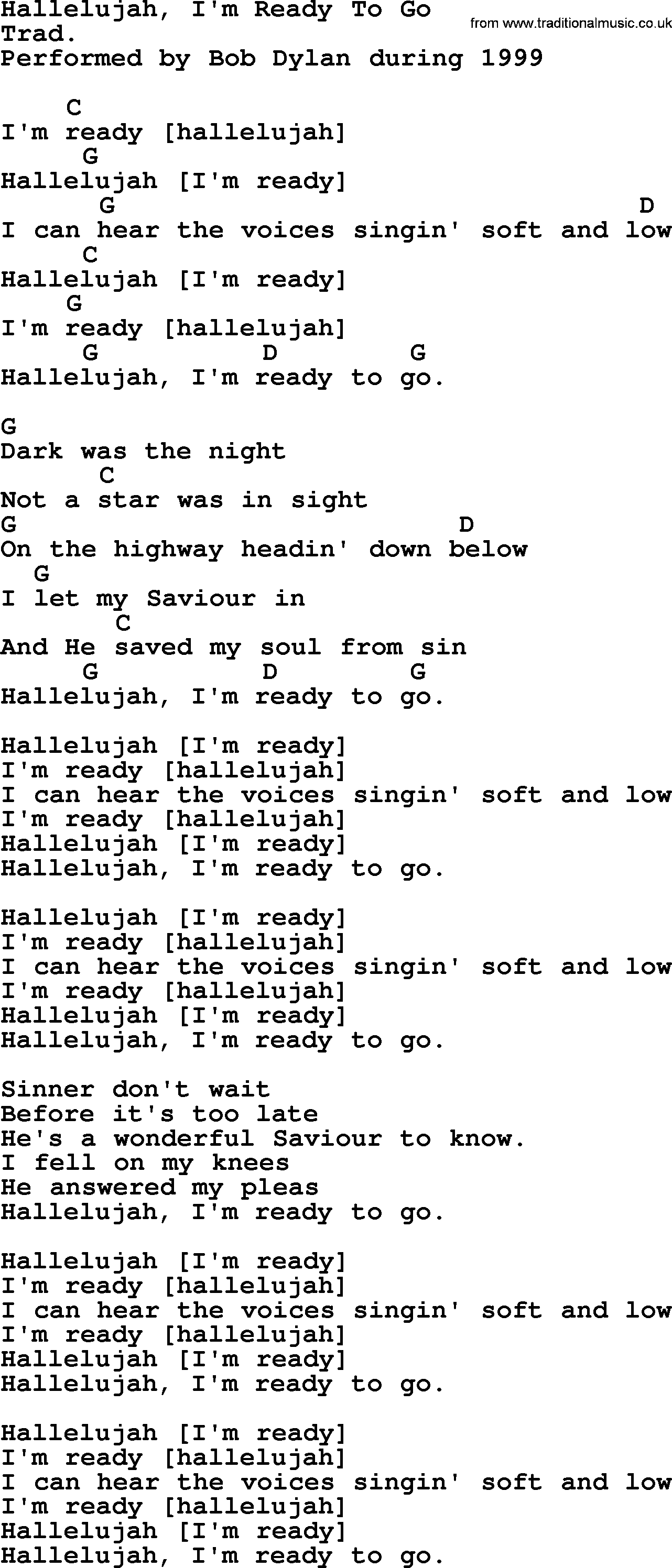 Bob Dylan song, lyrics with chords - Hallelujah, I'm Ready To Go