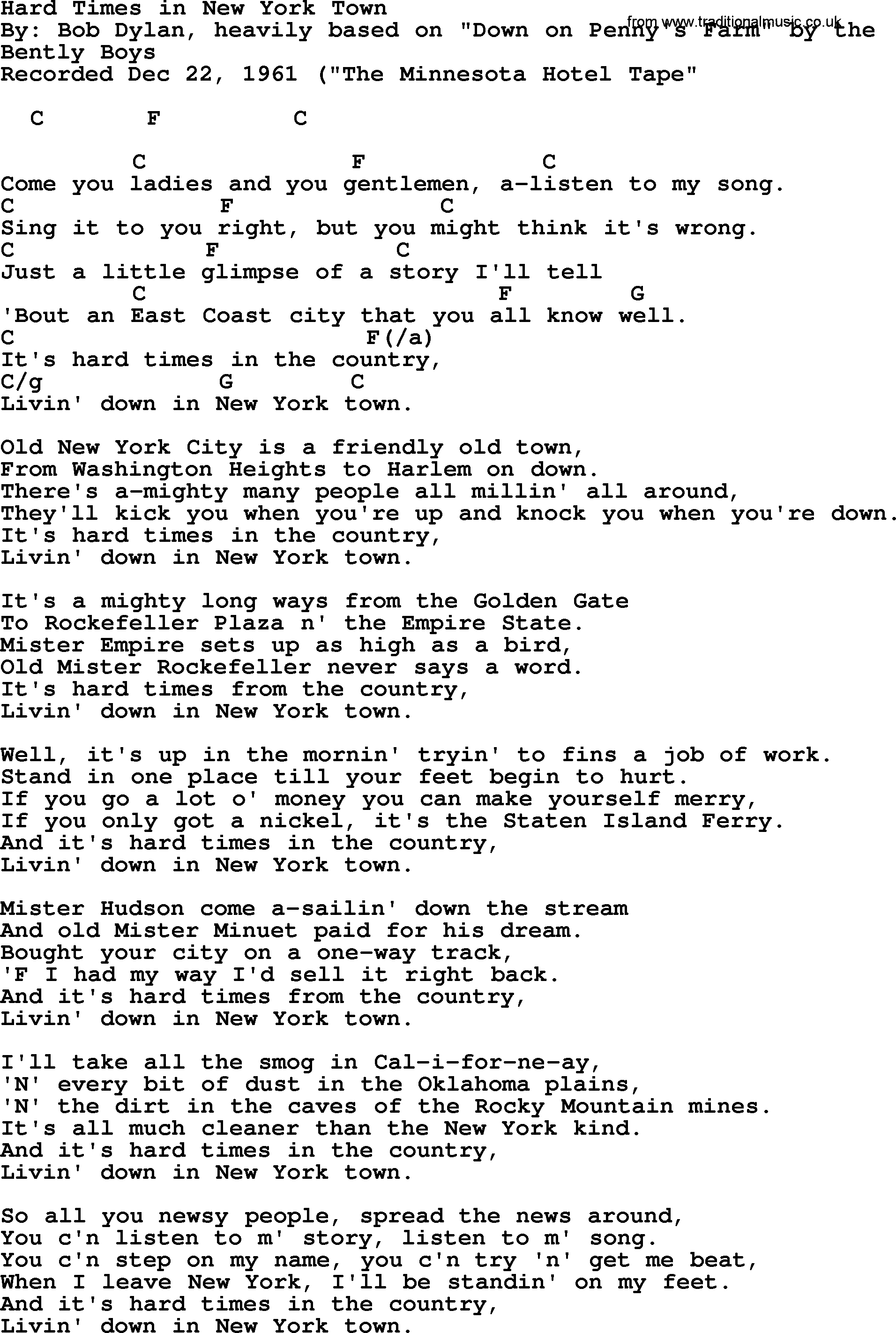 Bob Dylan song, lyrics with chords - Hard Times in New York Town
