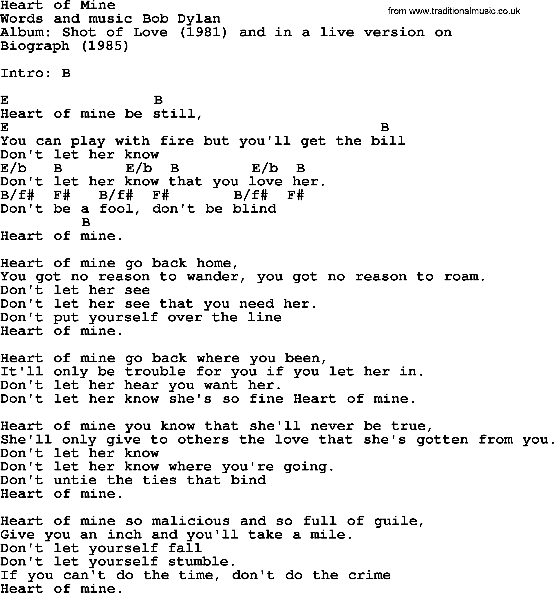 Bob Dylan song, lyrics with chords - Heart of Mine