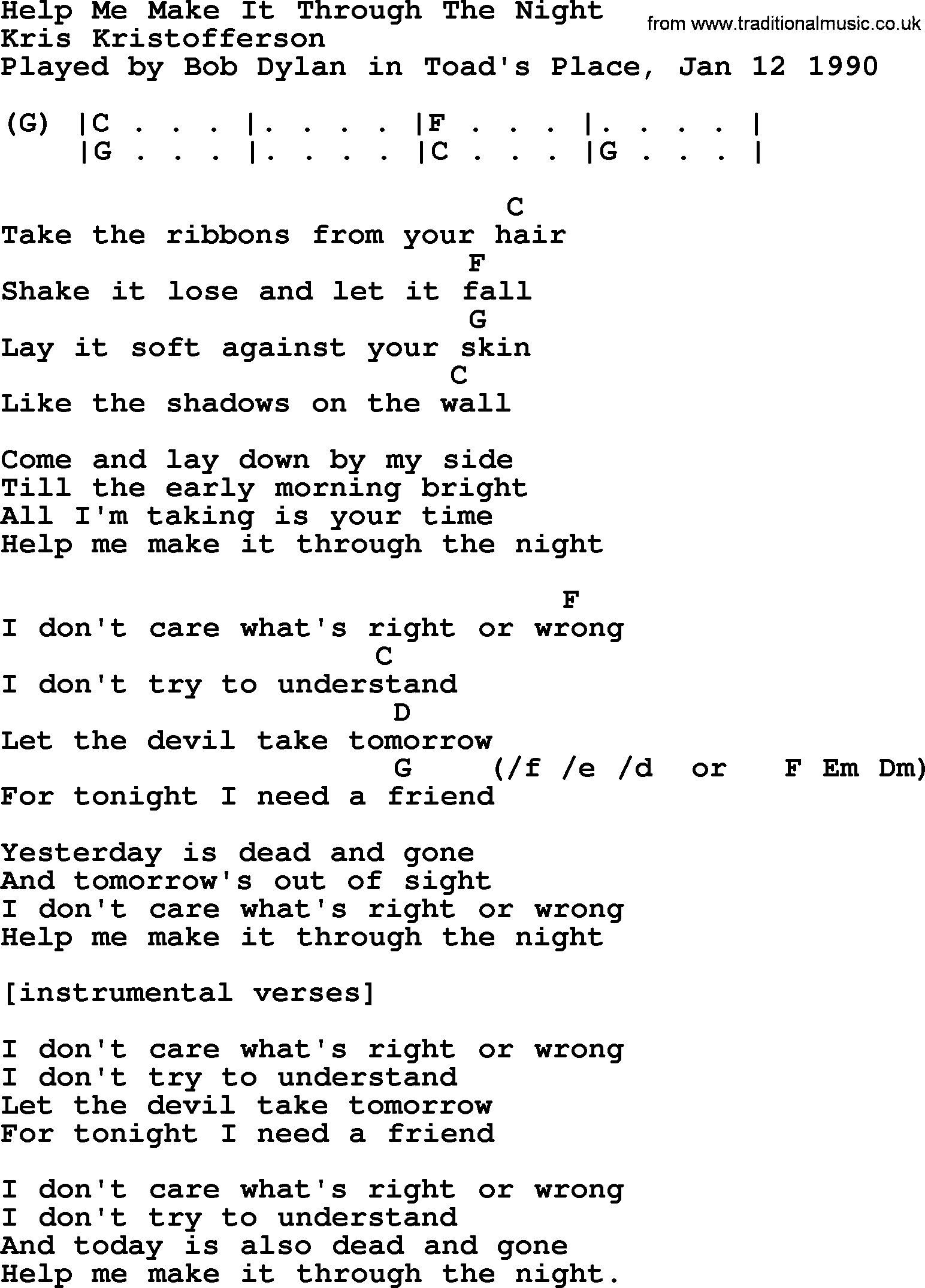 Bob Dylan song, lyrics with chords - Help Me Make It Through The Night
