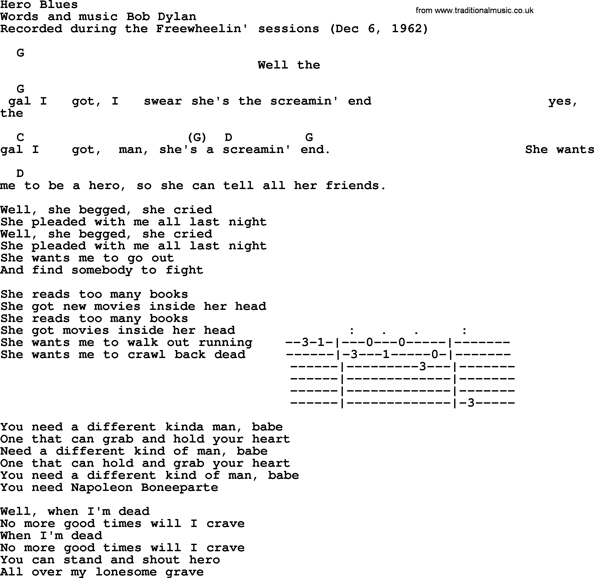 Bob Dylan song, lyrics with chords - Hero Blues